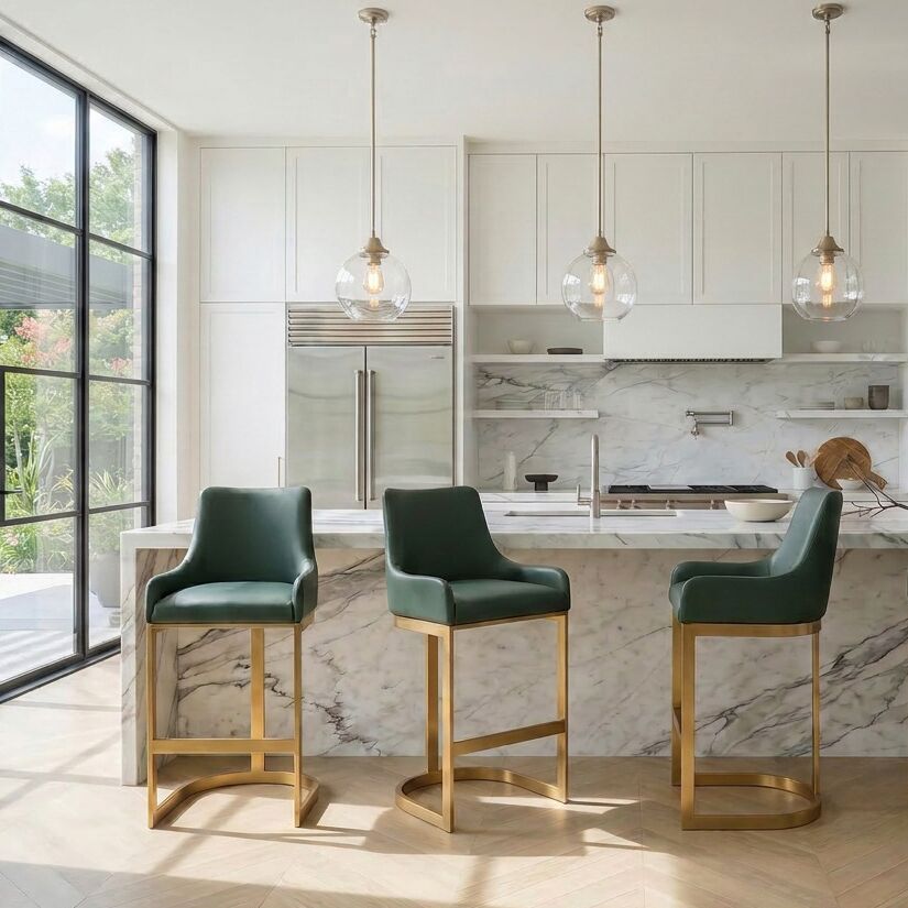 Clara Green Upholstered Counter Kitchen Stool with Gold Steel Frame - Image 3