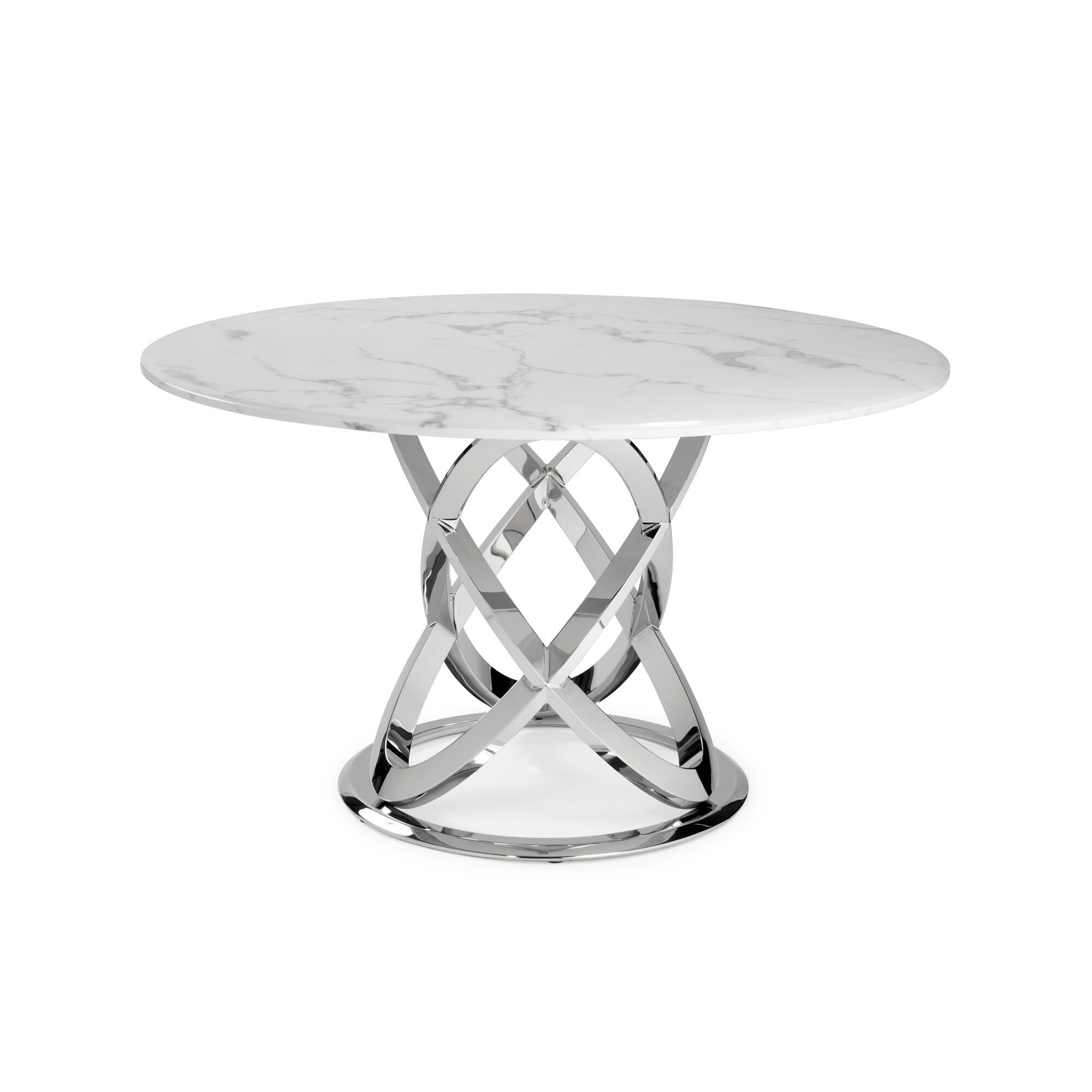 1.3M Pedestal Polished Circular Stainless Steel Dining Table with White Marble Effect - Image 6