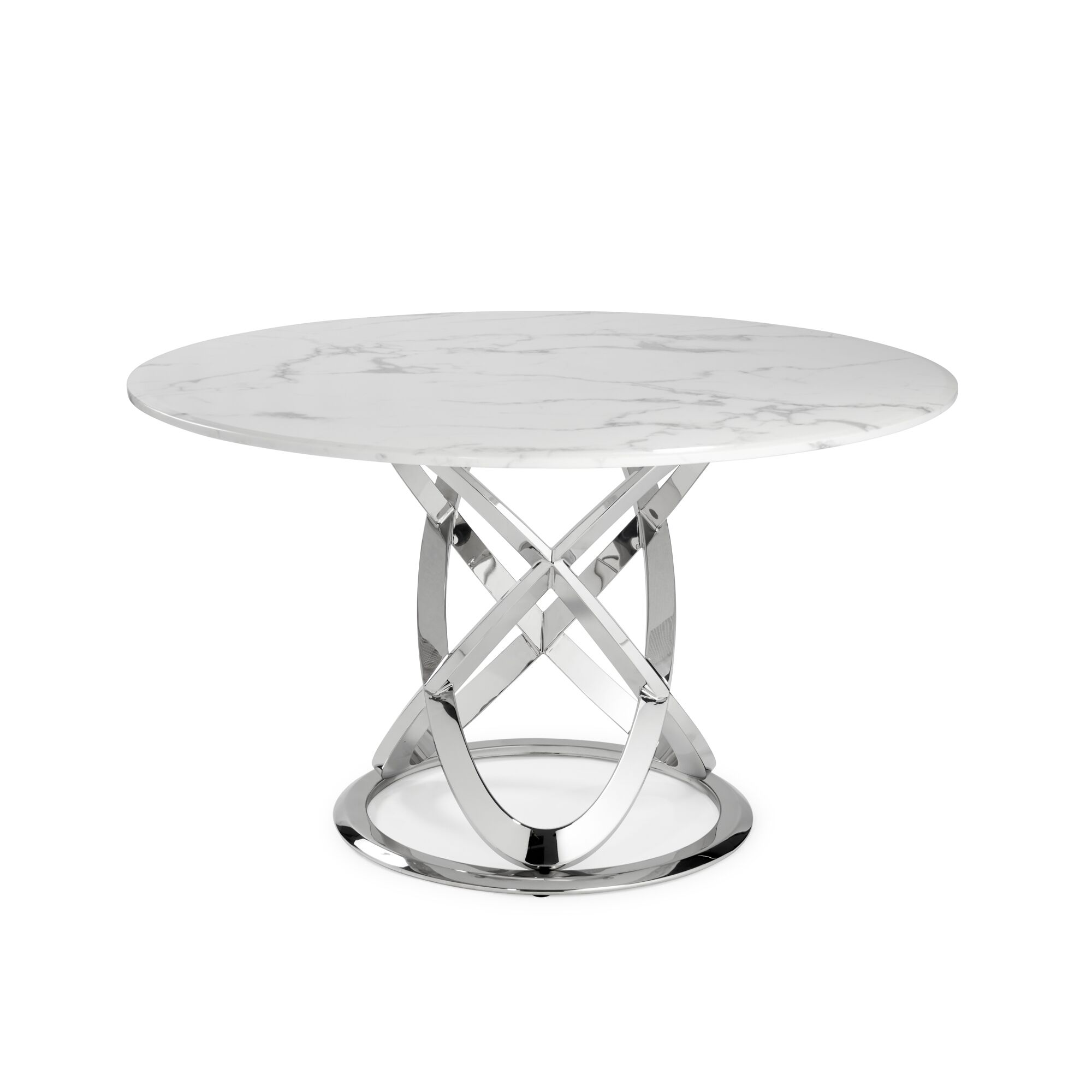 1.3M Pedestal Polished Circular Stainless Steel Dining Table with White Marble Effect - Image 7