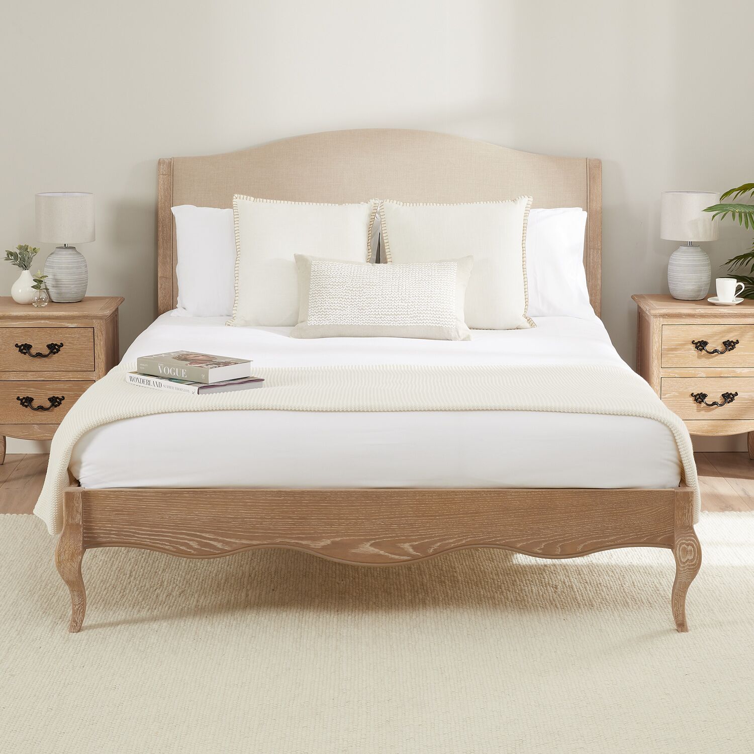 Lille French Limed Oak Upholstered Low Foot Board Bed - Double - Image 4