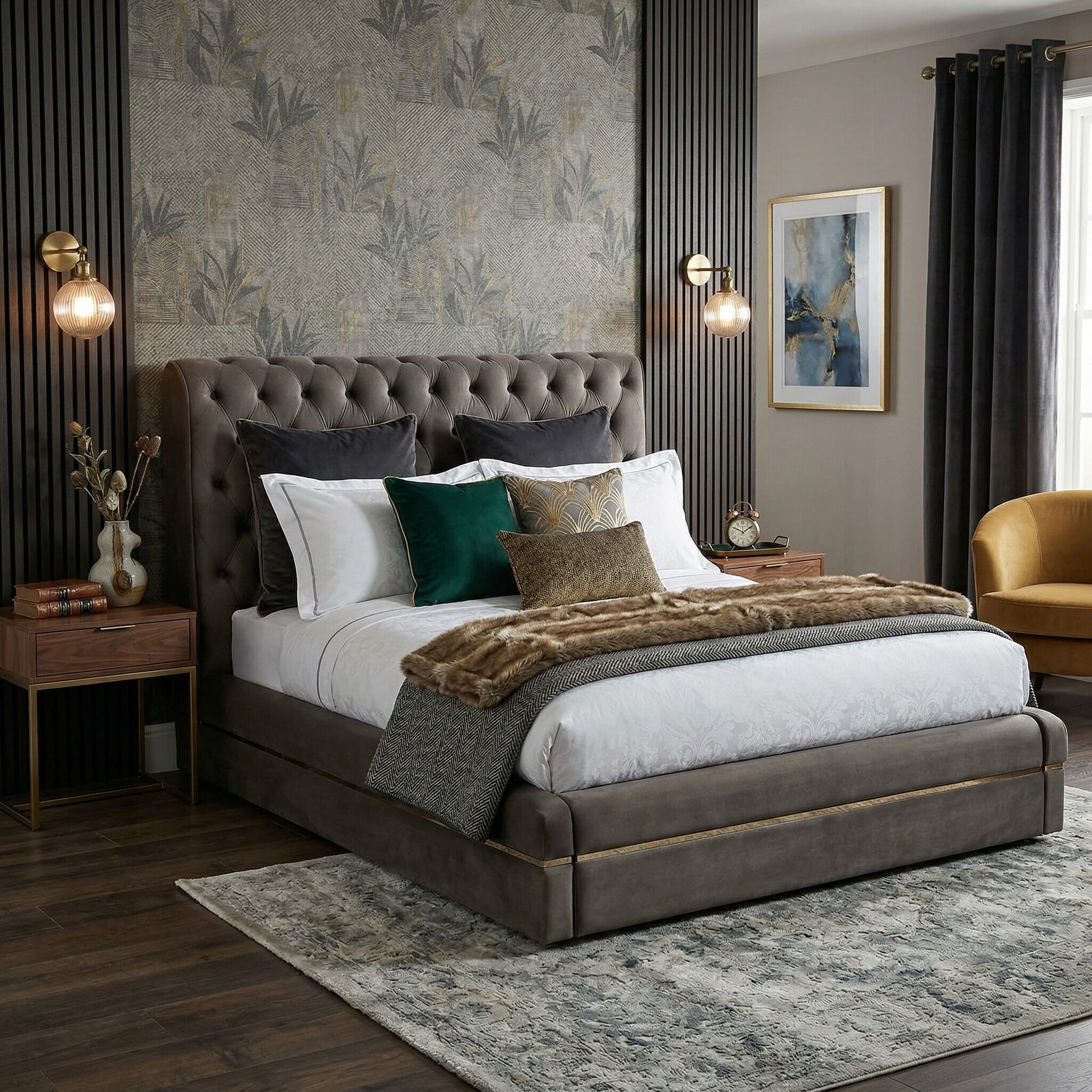 Annabelle Luxurious Grey Velvet Chesterfield King Size Bed
