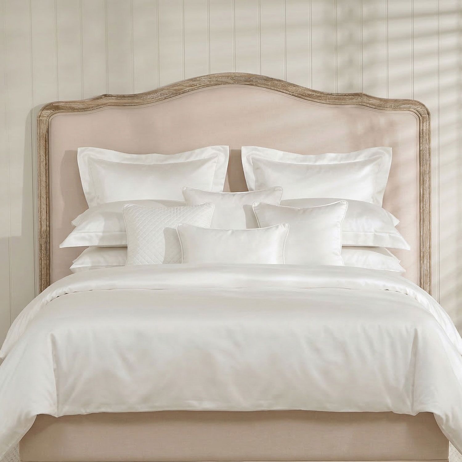 Clementine French Whitewash Oak Upholstered Divan Base Headboard - Super King Size