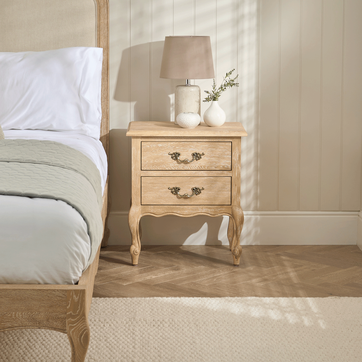 French Limed Oak Louis Two Drawer Bedside Table