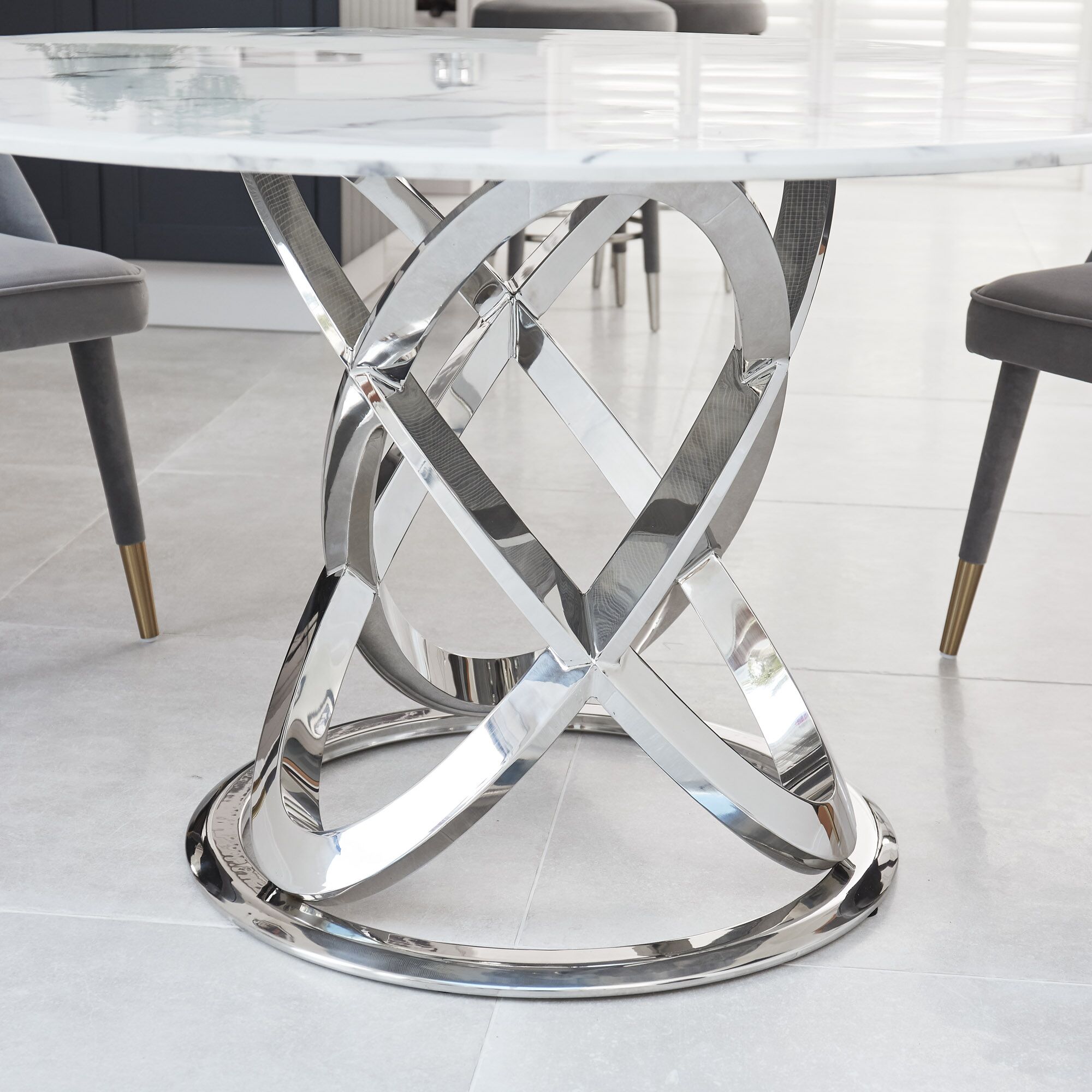 1.3M Pedestal Polished Circular Stainless Steel Dining Table with White Marble Effect - Image 2