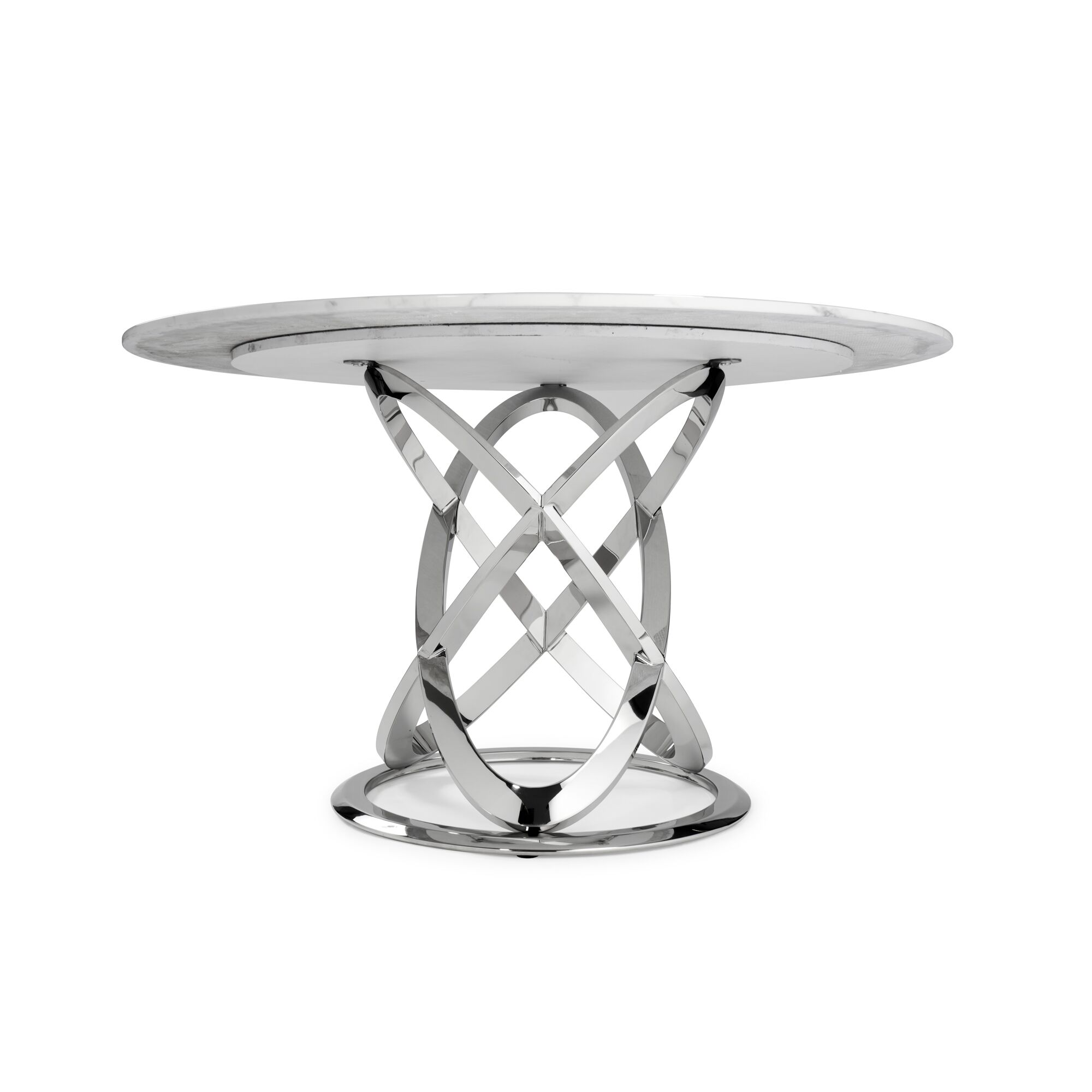 1.3M Pedestal Polished Circular Stainless Steel Dining Table with White Marble Effect - Image 7