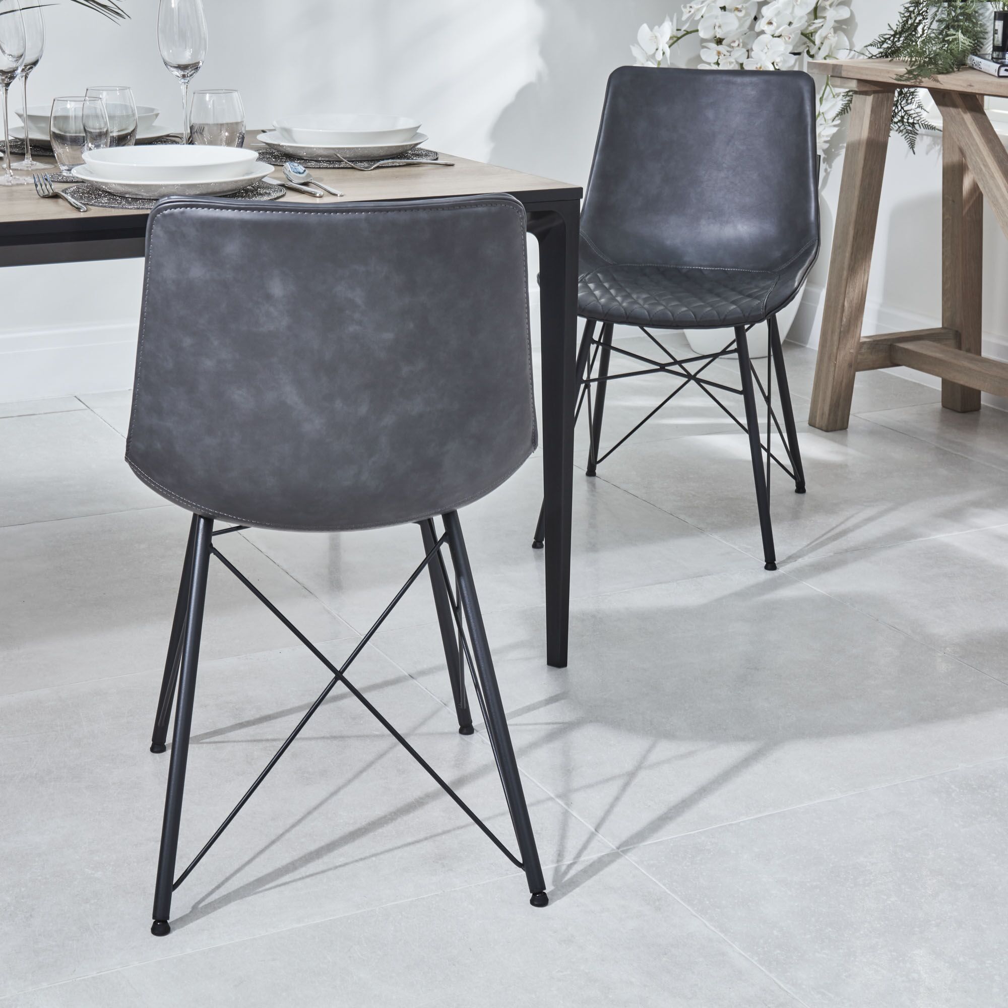 Bellagio 90cm Square Grey Sintered Stone Dining Table Set with 4x Leon Grey Dining Chairs - Image 7