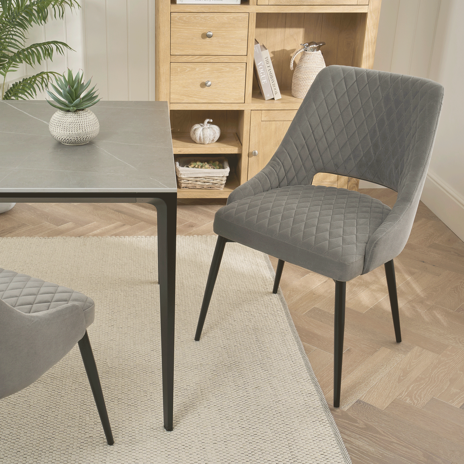 Joan Quilted Upholstered Grey Velvet Dining Chair - Image 2