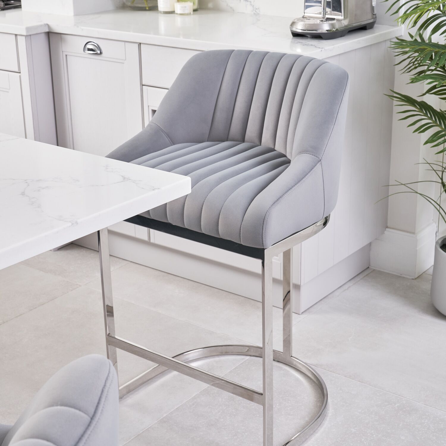 Barcelona Grey Velvet Kitchen Stool with a Stainless Steel Frame - Image 3