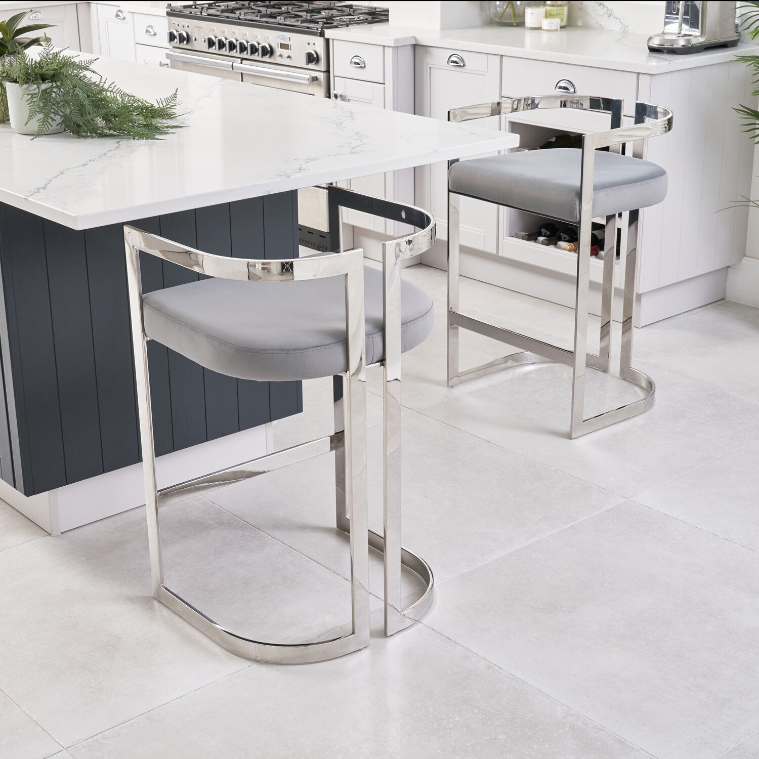 Annalise Grey Velvet Kitchen Barstool - Stainless Steel