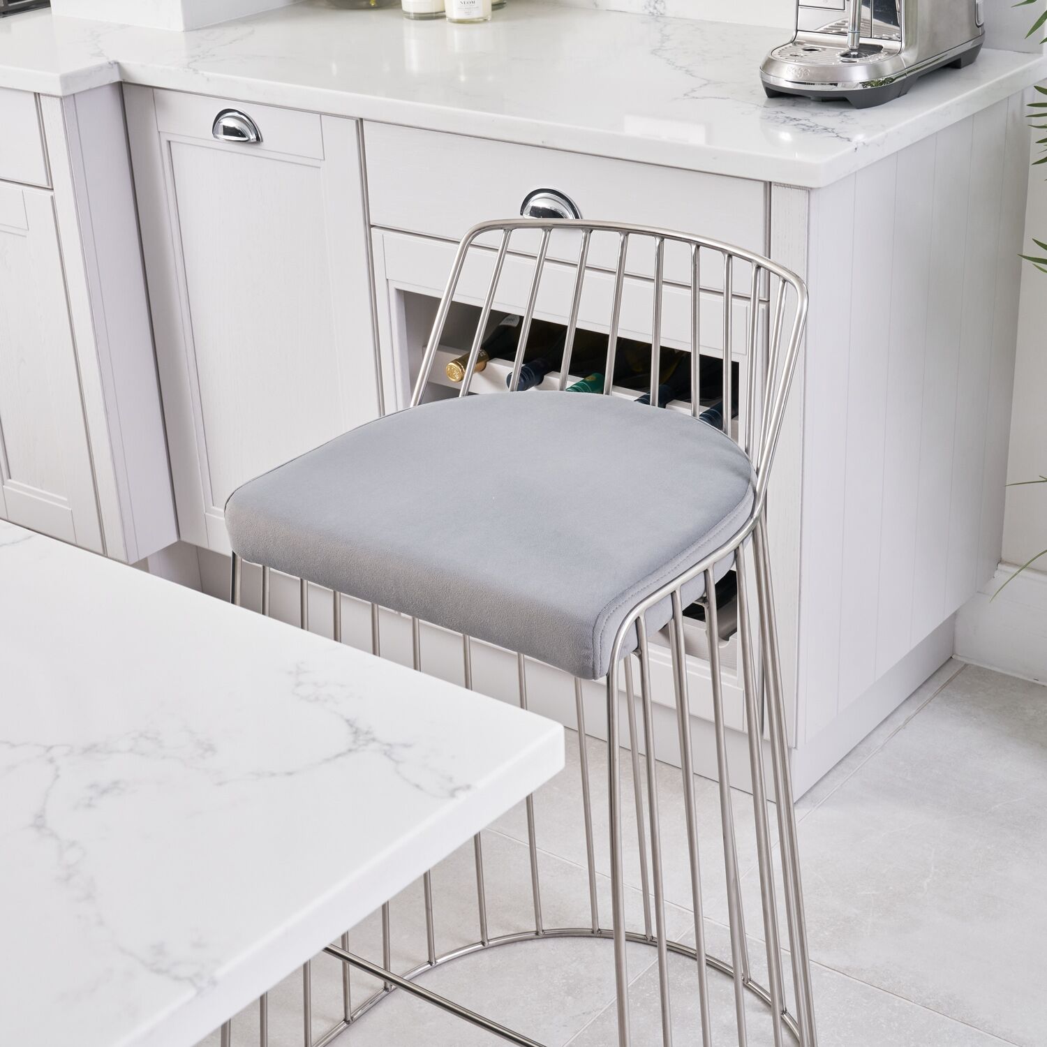 Claudia Grey Velvet Stainless Steel Kitchen Barstool - Image 3