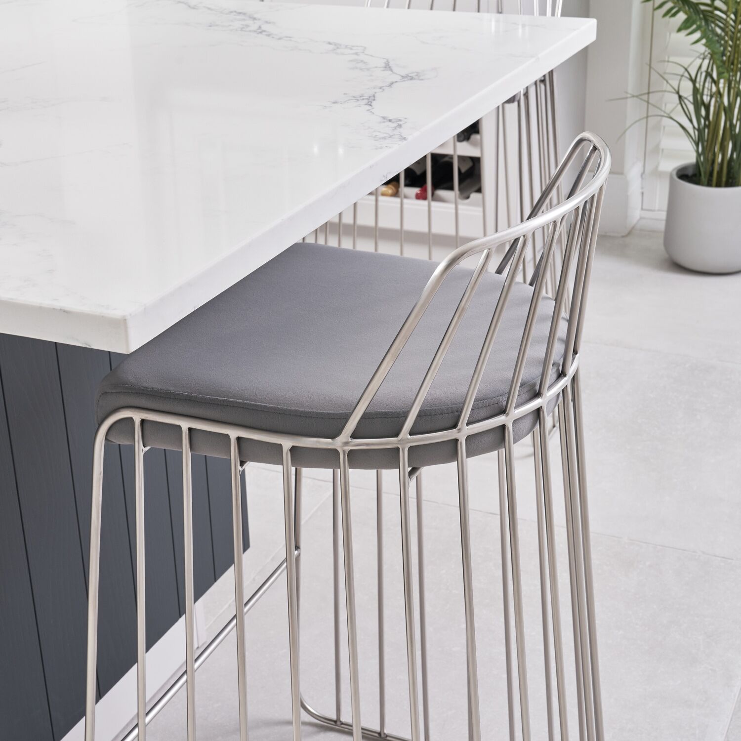 Claudia Grey Velvet Stainless Steel Kitchen Barstool - Image 4