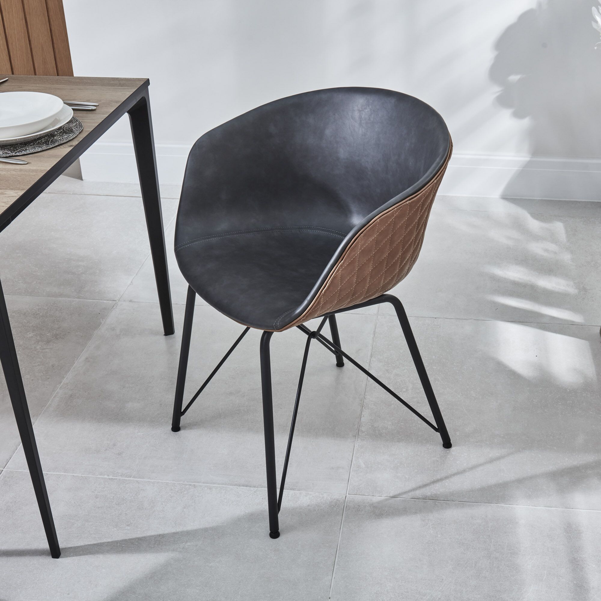 Camila Quilted Faux Grey/Brown-Tan Leather Tub Dining Chair - Image 5