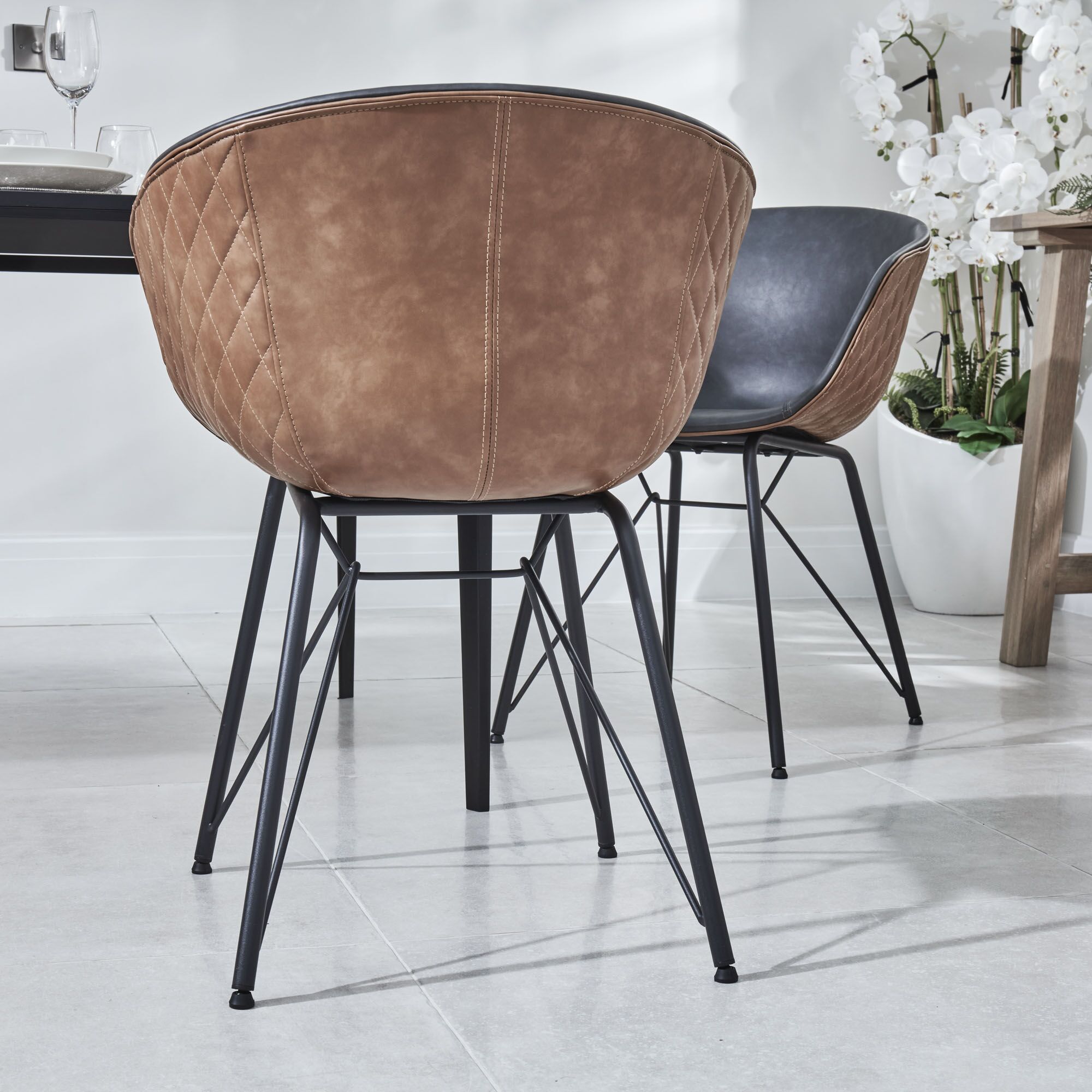 Camila Quilted Faux Grey/Brown-Tan Leather Tub Dining Chair - Image 9