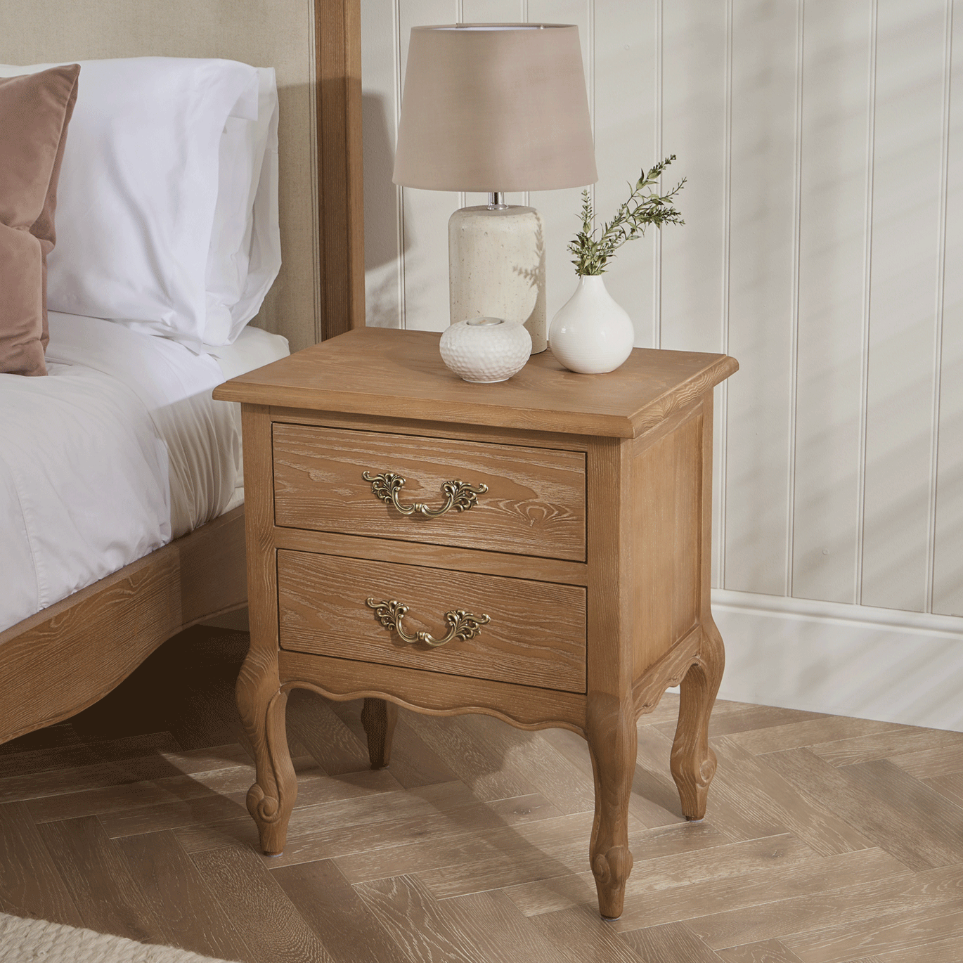 French Weathered Limed Ash Two Drawer Bedside Table - Image 3