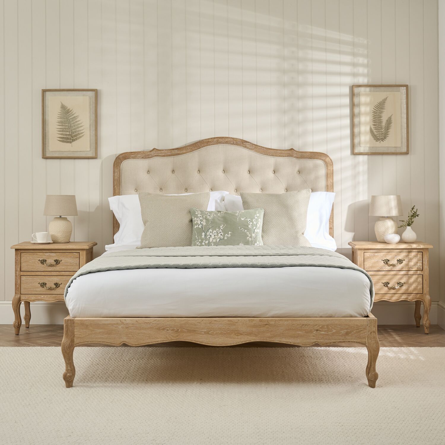 Eléa French Limed Oak Super King Size Bed with Upholstered Button Back Headboard - Image 2