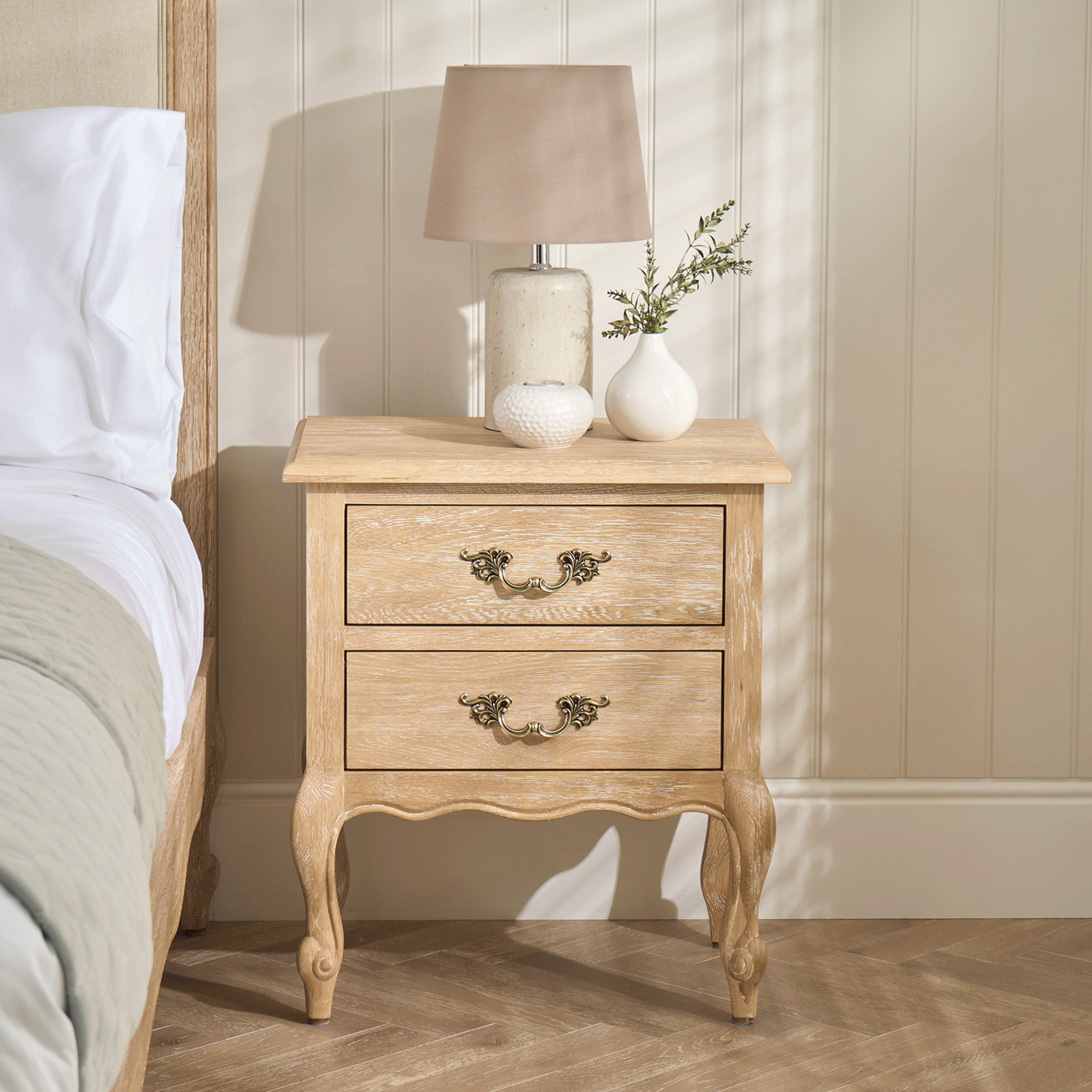 French Limed Oak Louis Two Drawer Bedside Table - Image 2
