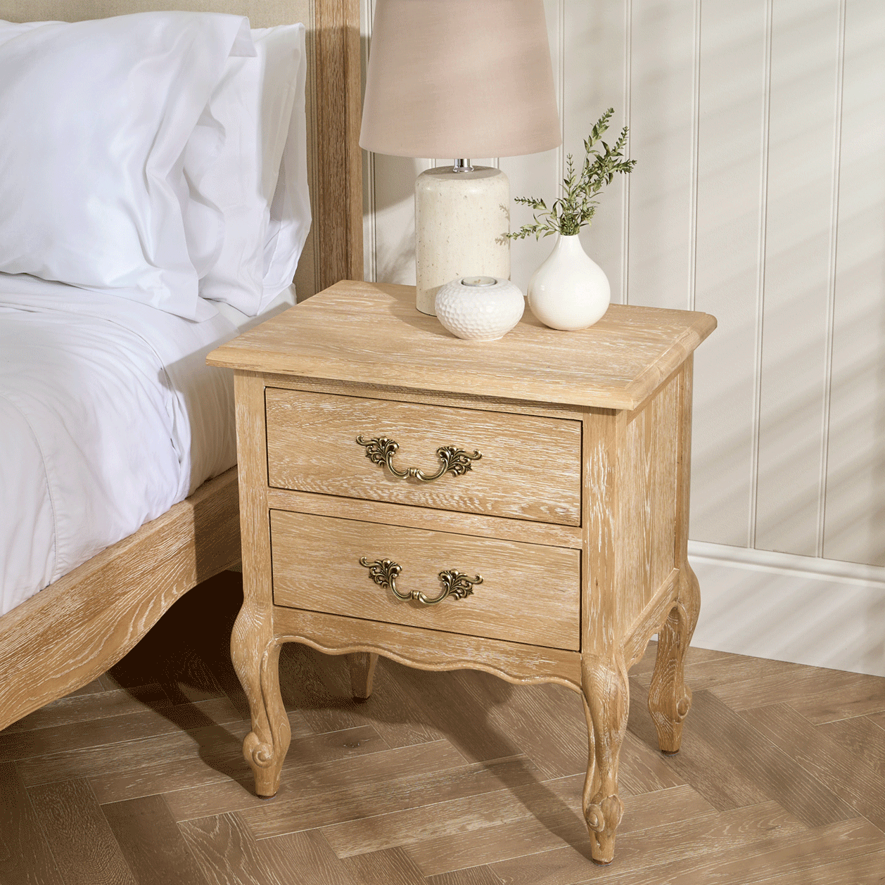 French Limed Oak Louis Two Drawer Bedside Table - Image 3