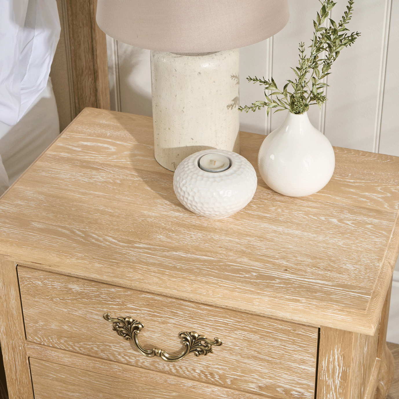 French Limed Oak Louis Two Drawer Bedside Table - Image 4