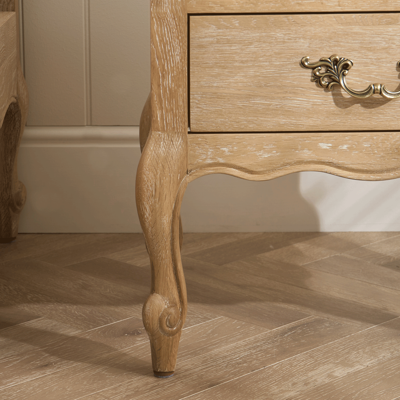French Limed Oak Louis Two Drawer Bedside Table - Image 6