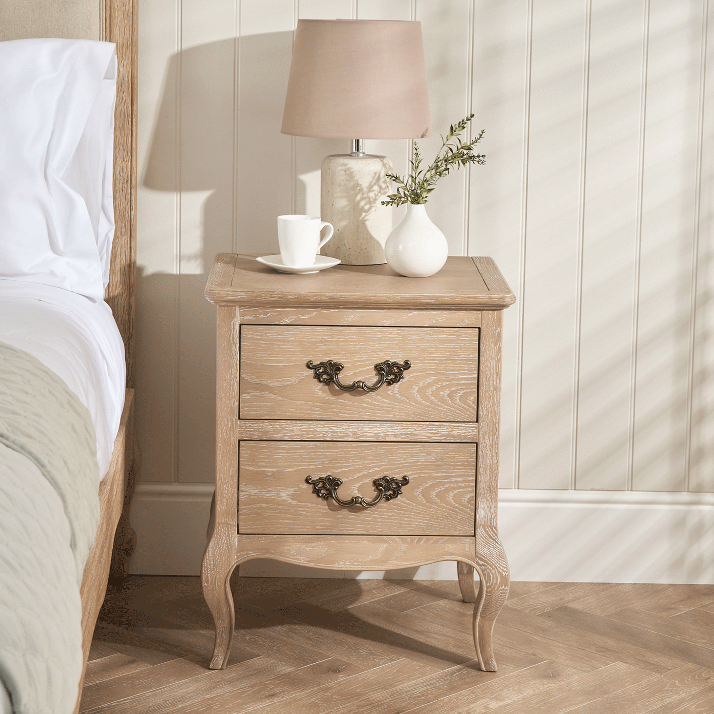Lille French Limed Oak Two Drawer Bedside Table Brass Handle - Image 3