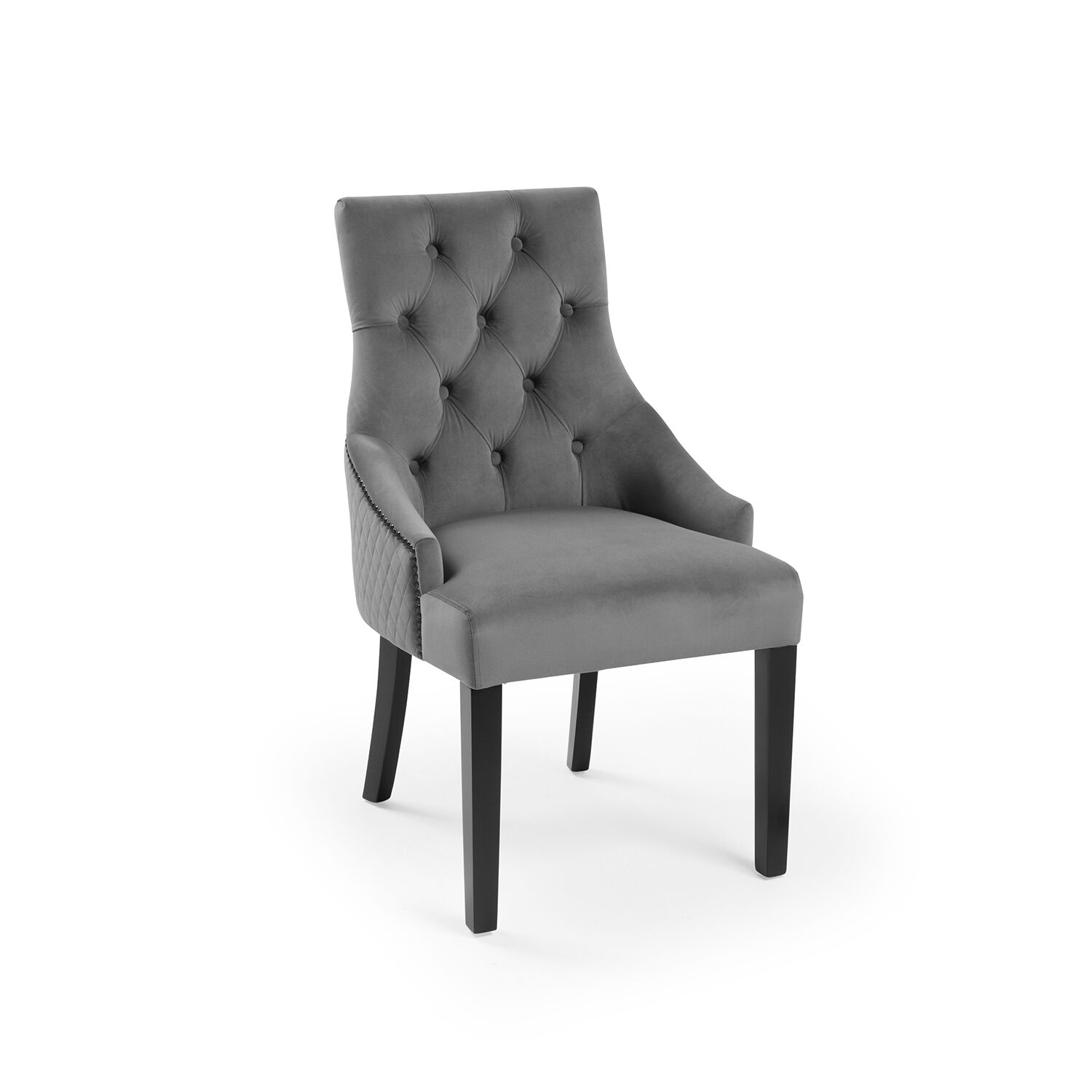 New Chelsea Quilted Grey Brushed Velvet Scoop Back Dining Chair Black Studs - Image 3