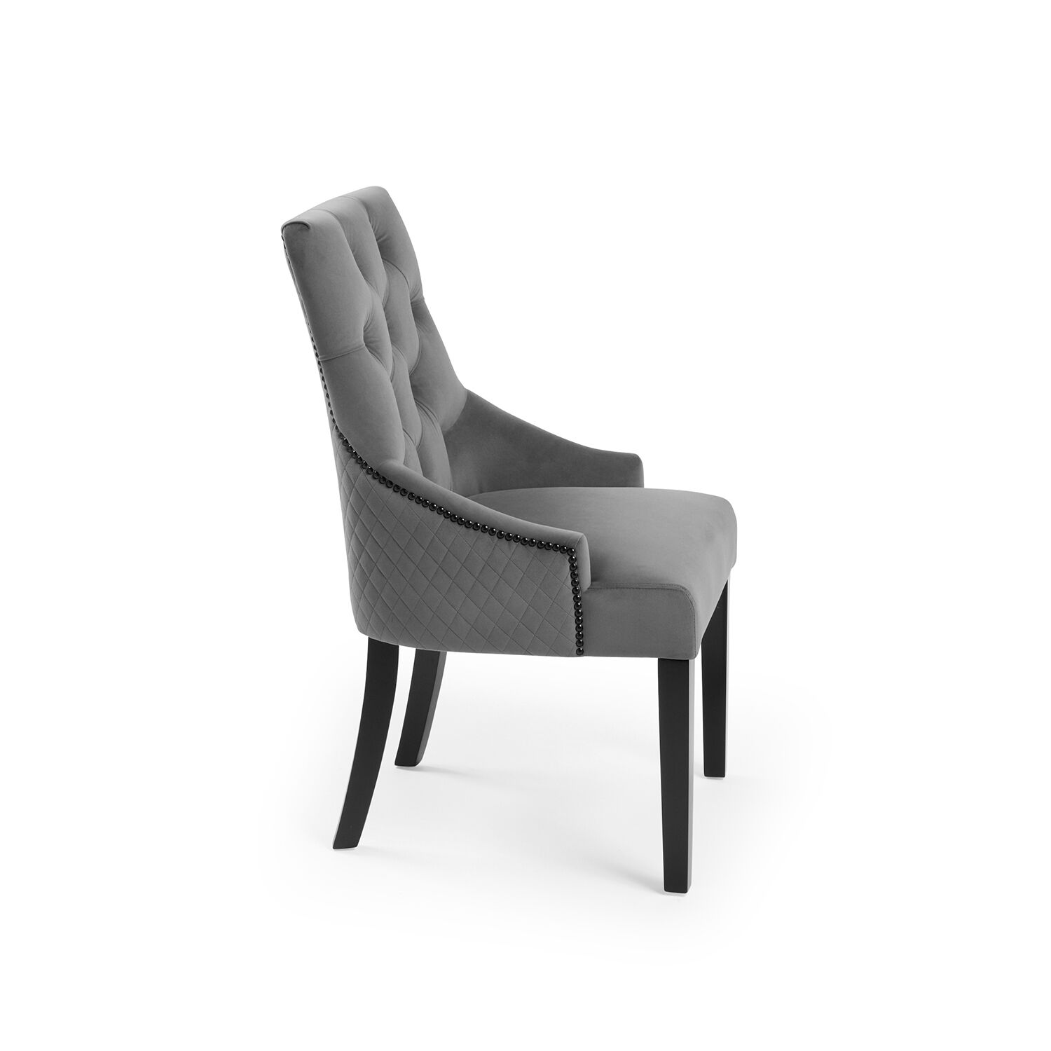 New Chelsea Quilted Grey Brushed Velvet Scoop Back Dining Chair Black Studs - Image 4