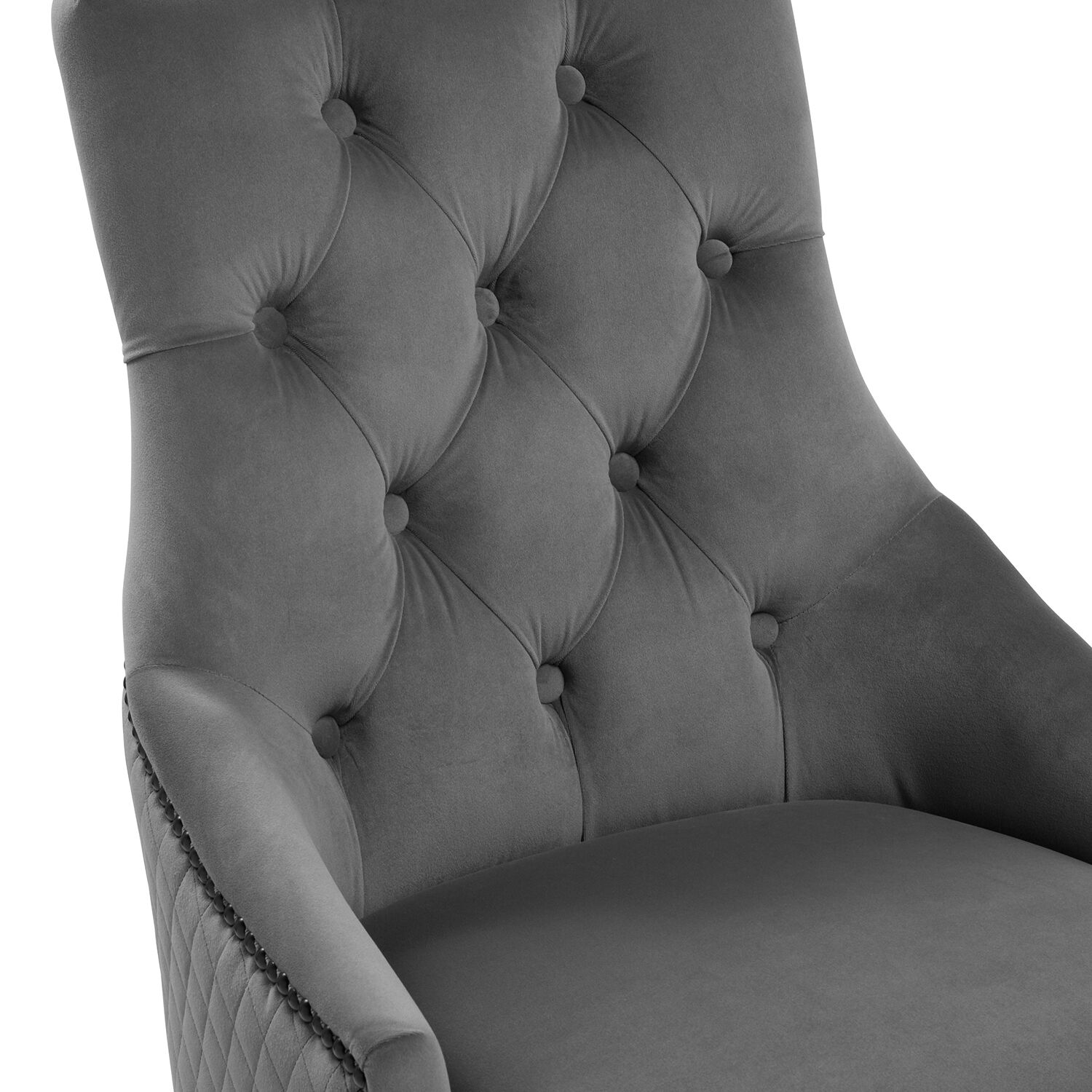 New Chelsea Quilted Grey Brushed Velvet Scoop Back Dining Chair Black Studs - Image 7