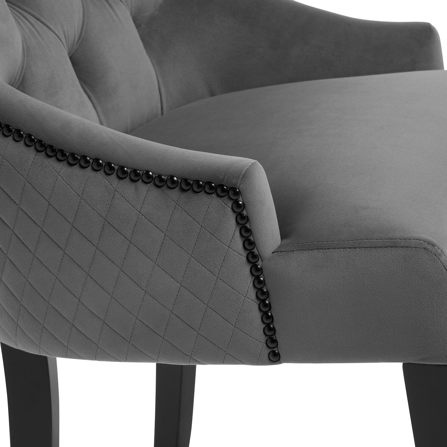 New Chelsea Quilted Grey Brushed Velvet Scoop Back Dining Chair Black Studs - Image 8