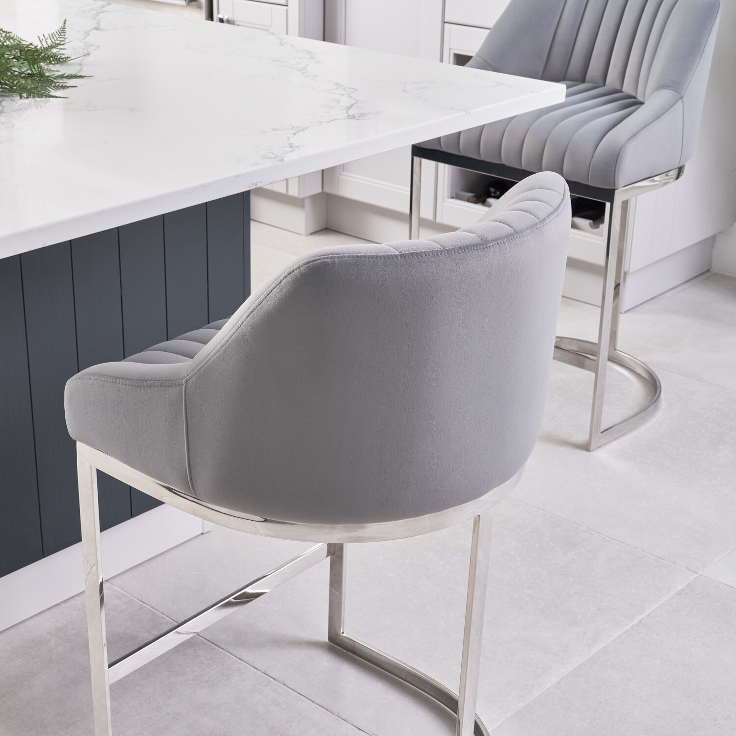 Barcelona Grey Velvet Kitchen Stool with a Stainless Steel Frame - Image 4