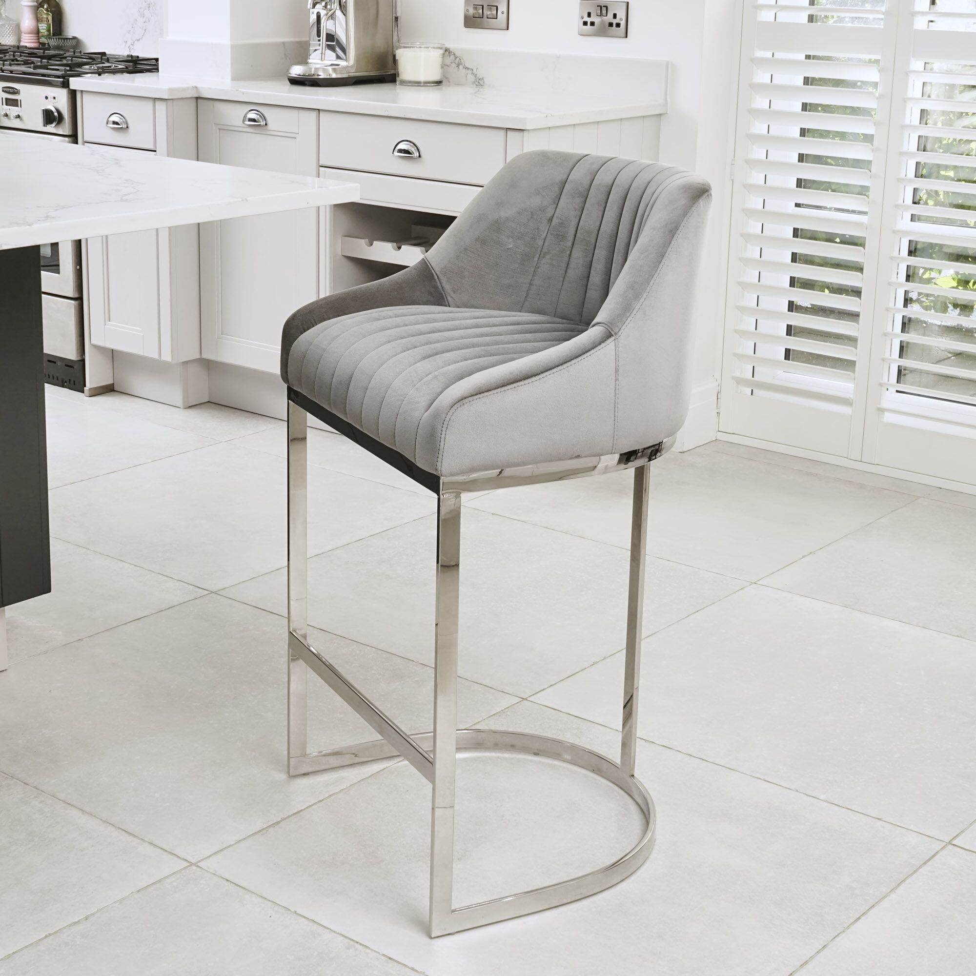 Barcelona Grey Velvet Counter Stool with a Stainless Steel Frame