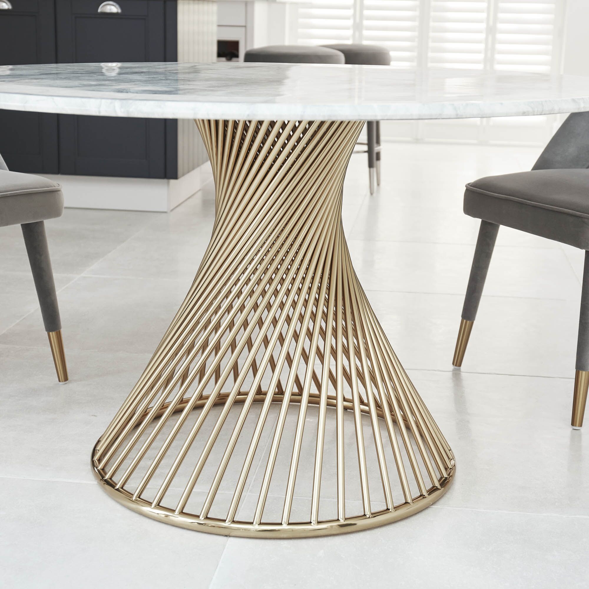 1.3M Cylinder Pedestal Circular Gold Stainless Steel Dining Table with a White Faux Marble Top - Image 5