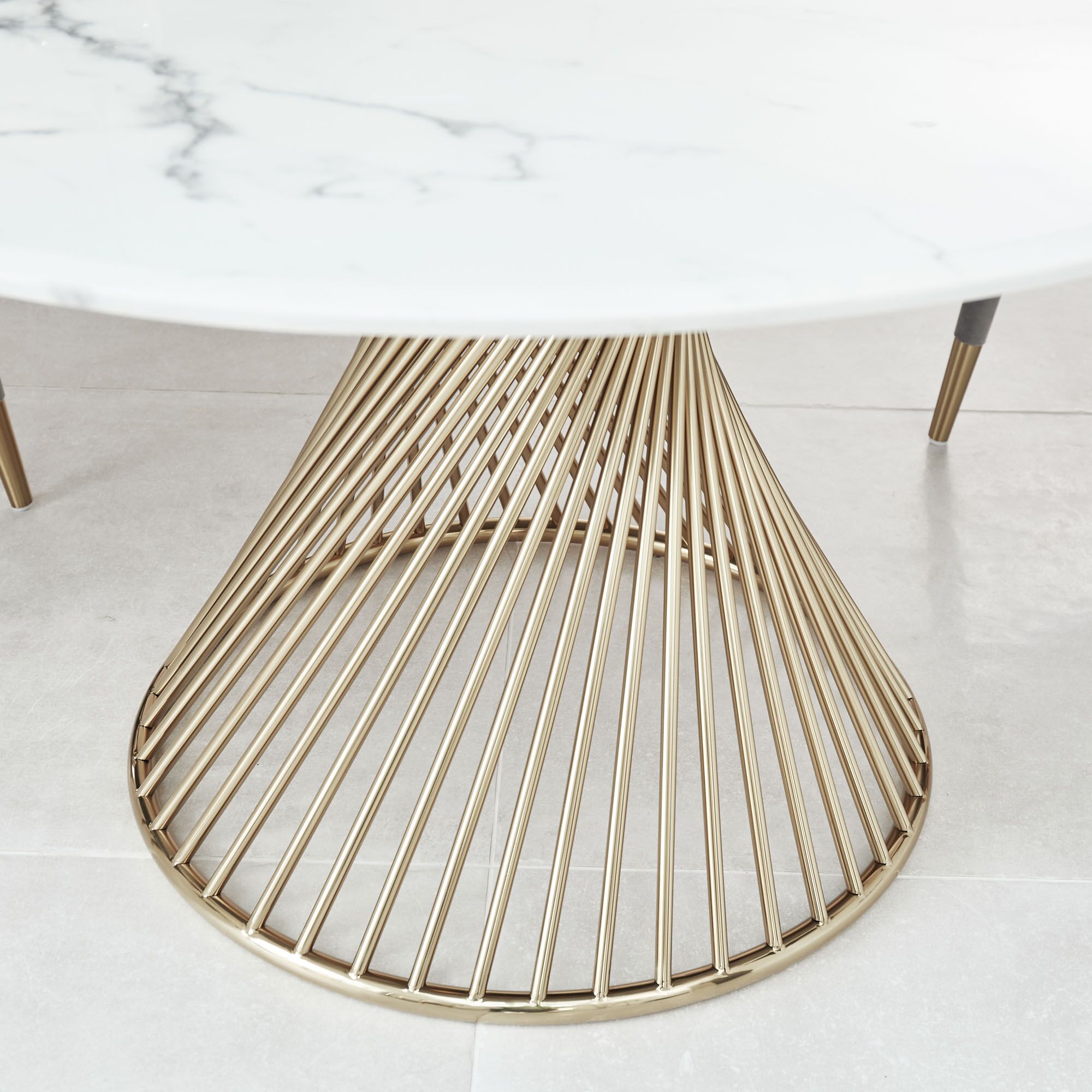 1.3M Cylinder Pedestal Circular Gold Stainless Steel Dining Table with a White Faux Marble Top - Image 3