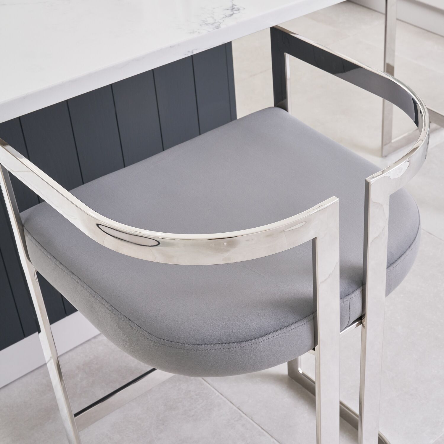 Annalise Grey Velvet Kitchen Barstool - Stainless Steel - Image 6