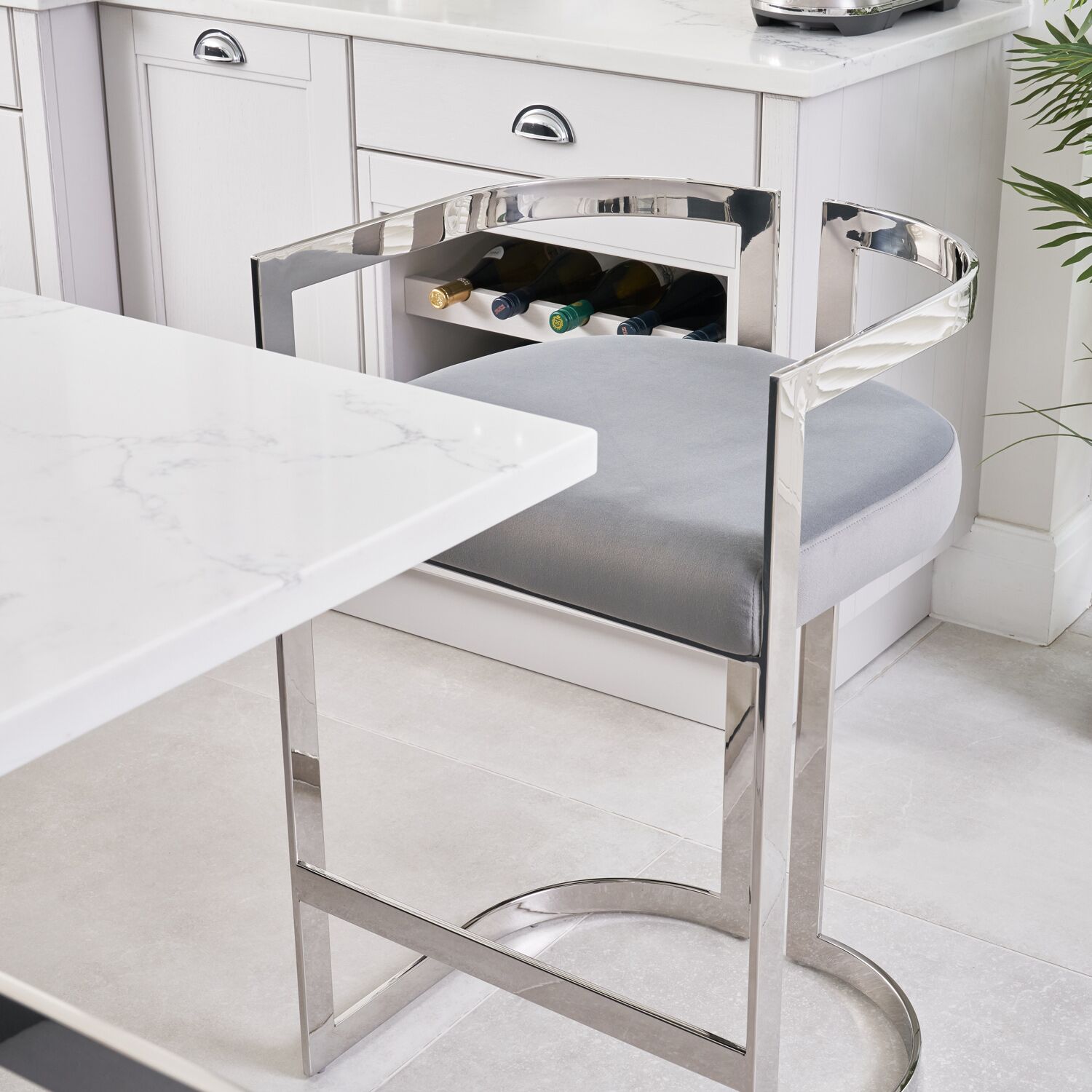 Annalise Grey Velvet Kitchen Barstool - Stainless Steel - Image 5