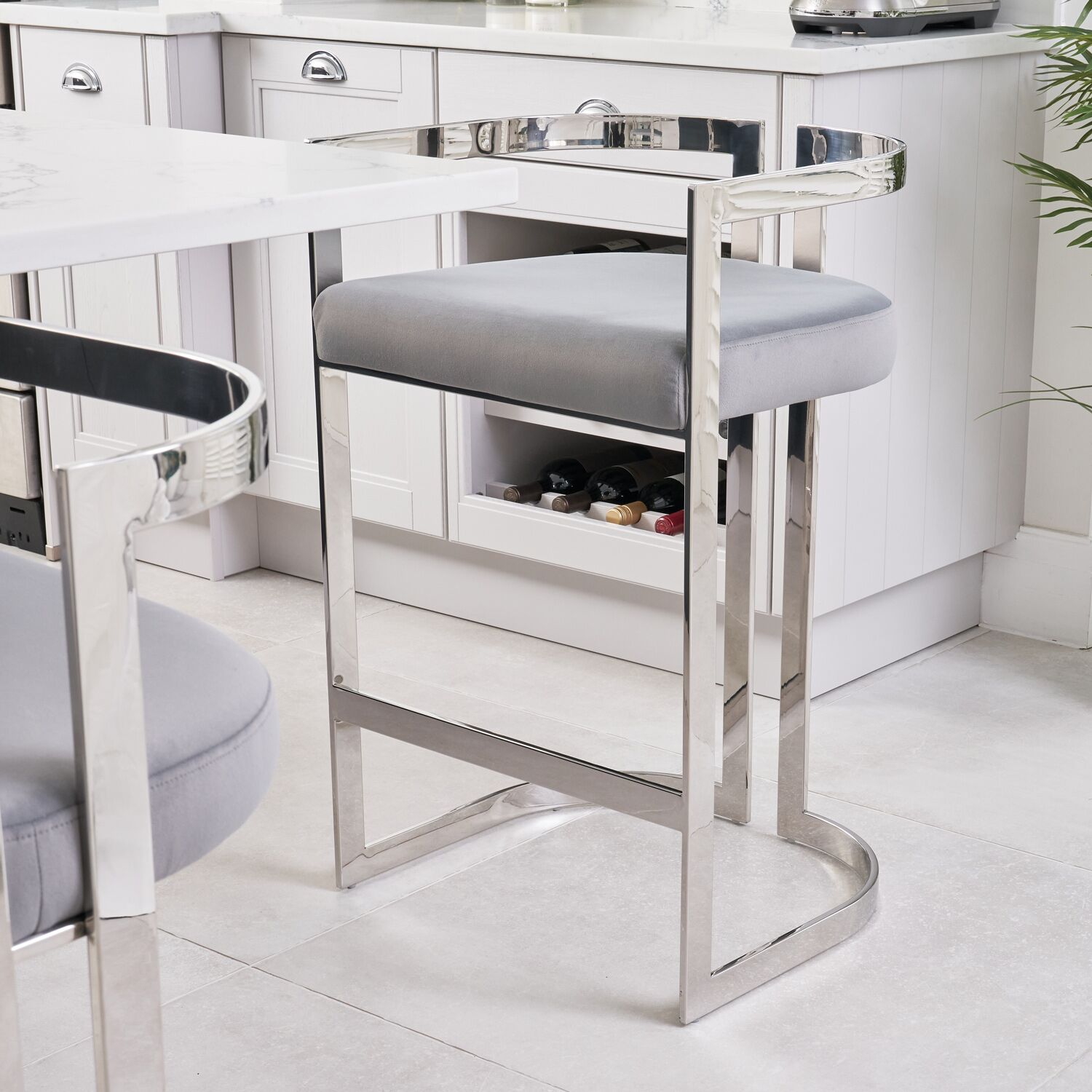 Annalise Grey Velvet Kitchen Barstool - Stainless Steel - Image 3