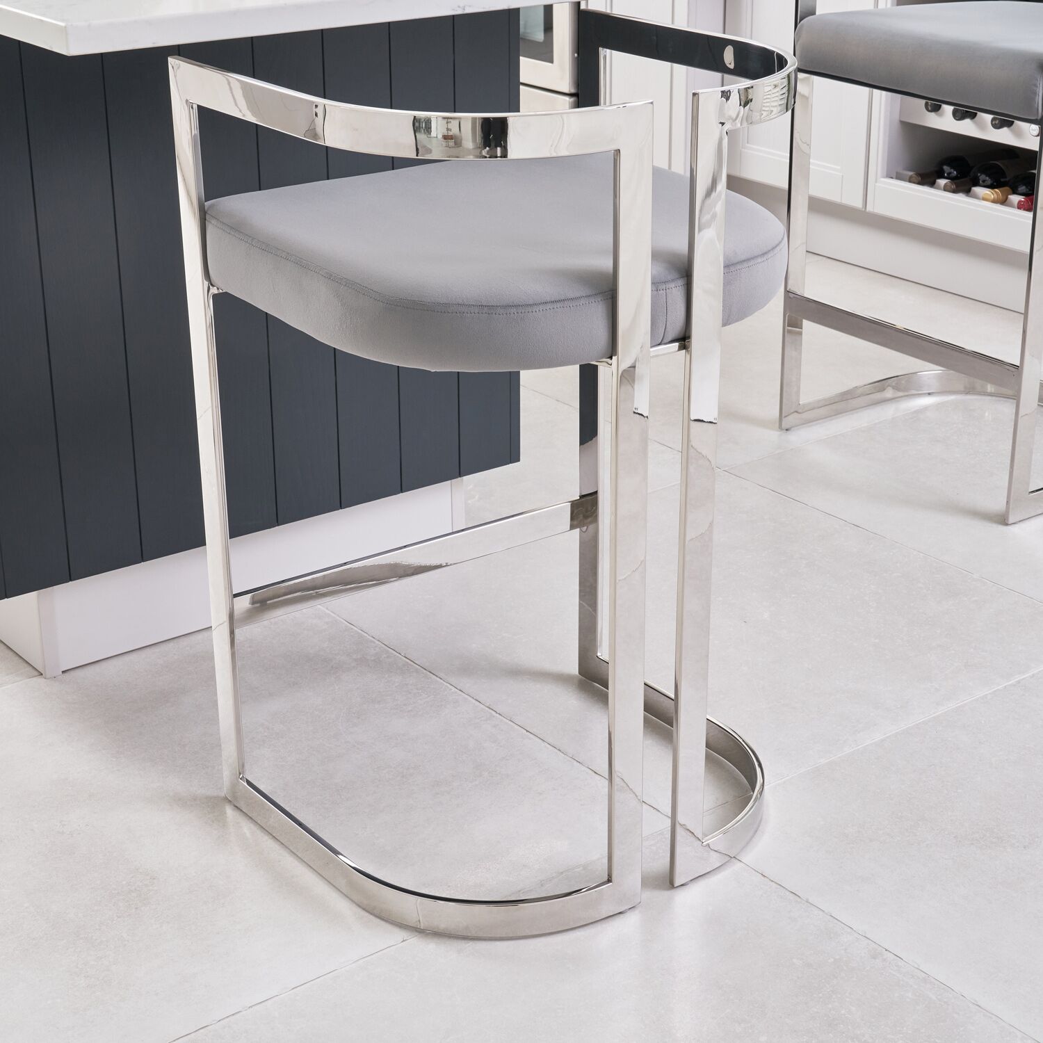 Annalise Grey Velvet Kitchen Barstool - Stainless Steel - Image 4