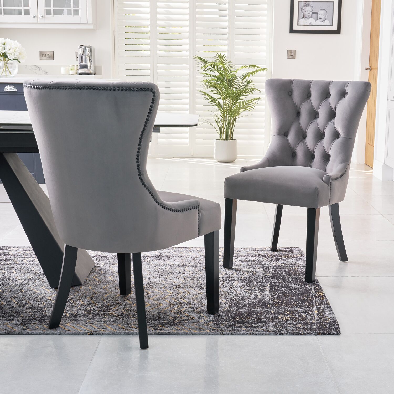 New Knightsbridge Grey Brushed Velvet Dining Chair - Black Studs