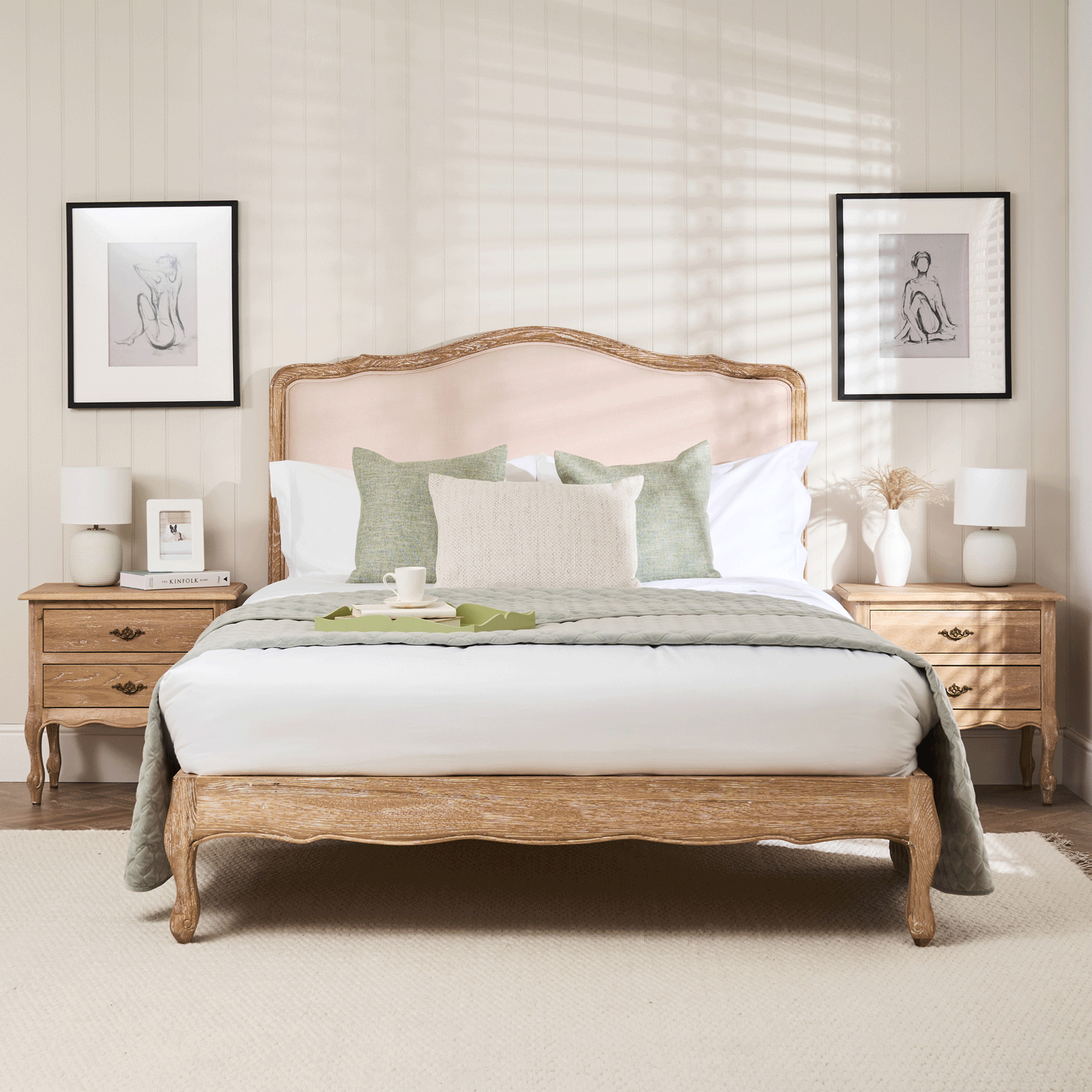 Clémence Whitewash Oak Upholstered Low Foot Board Bed - King
