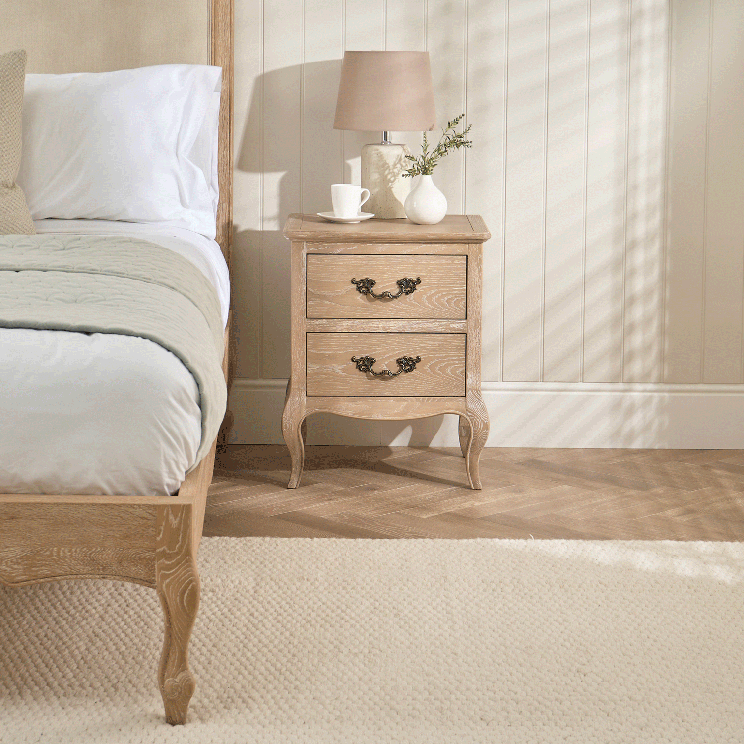Lille French Limed Oak Two Drawer Bedside Table Brass Handle
