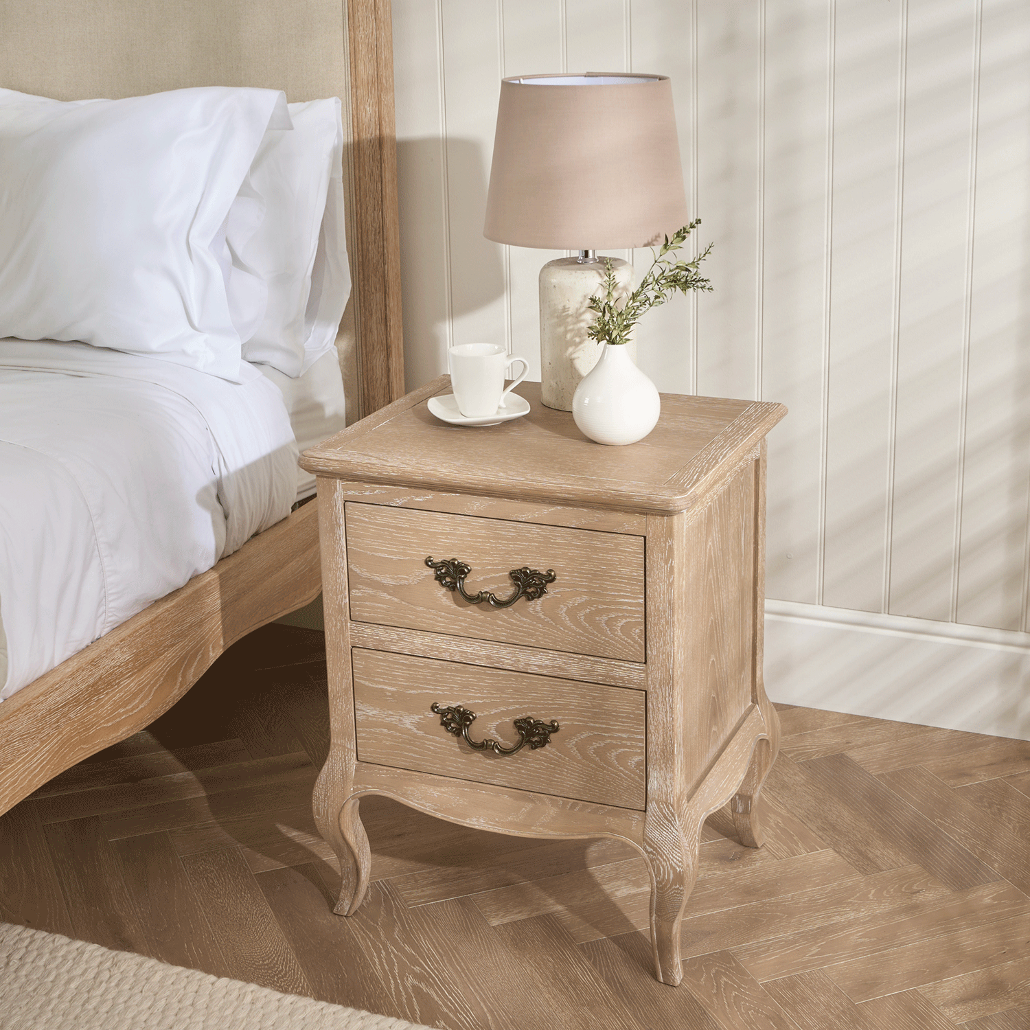 Lille French Limed Oak Two Drawer Bedside Table Brass Handle - Image 4