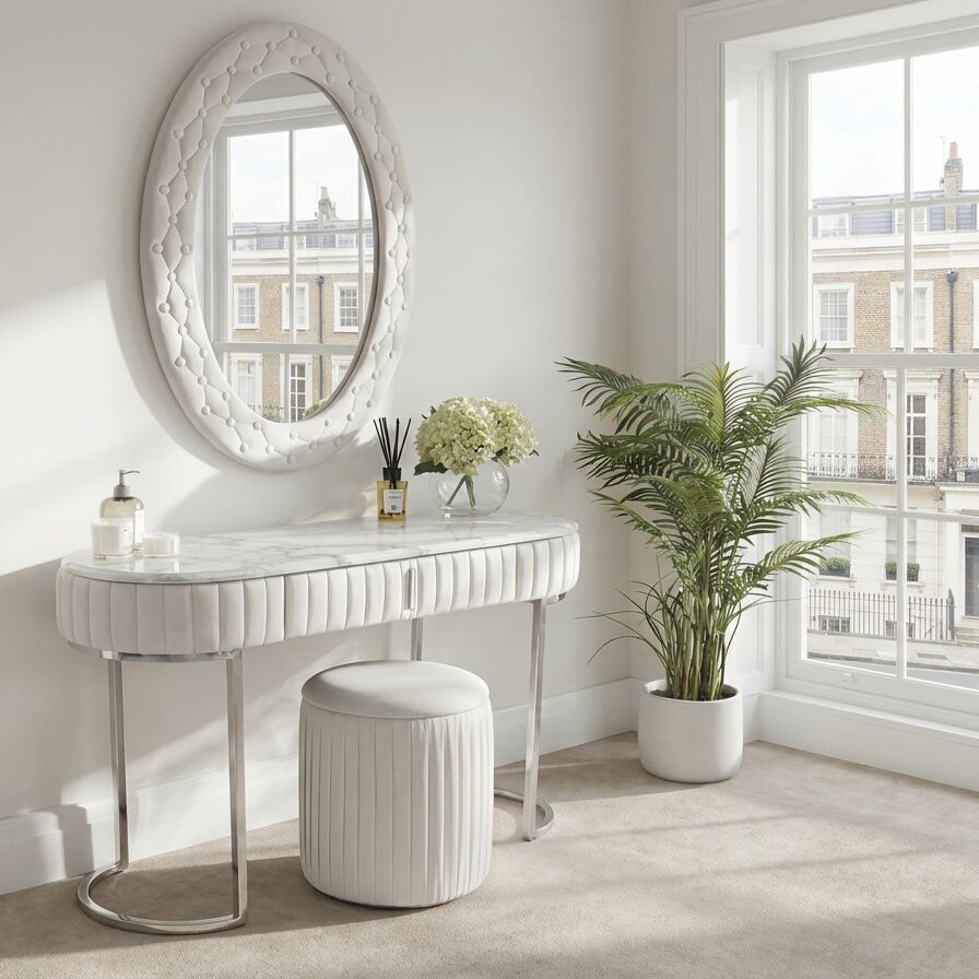 Italian Luxurious Polished Silver Framed Marble Dressing Table With Stool