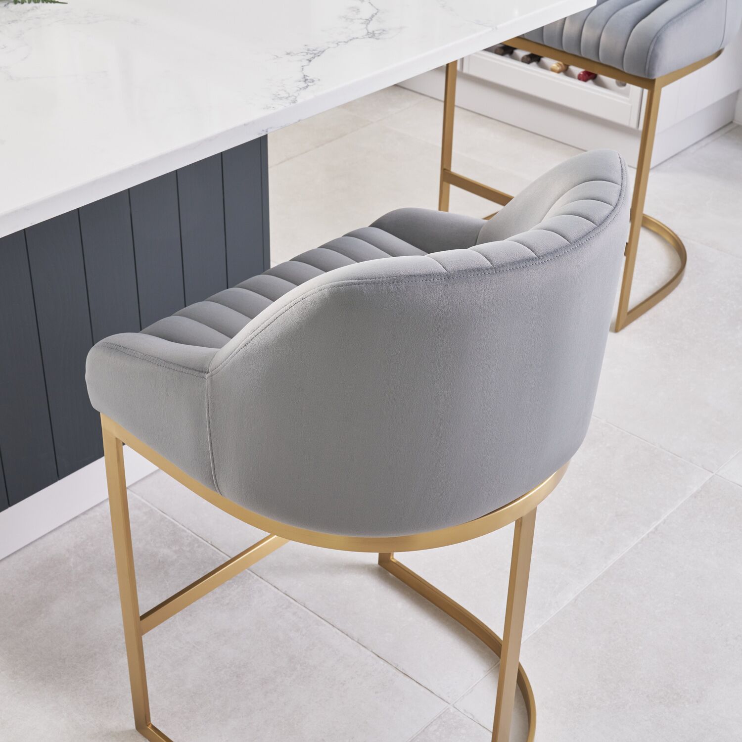Barcelona Grey Velvet Kitchen Counter Stool with a Gold Stainless Steel Frame - Image 4