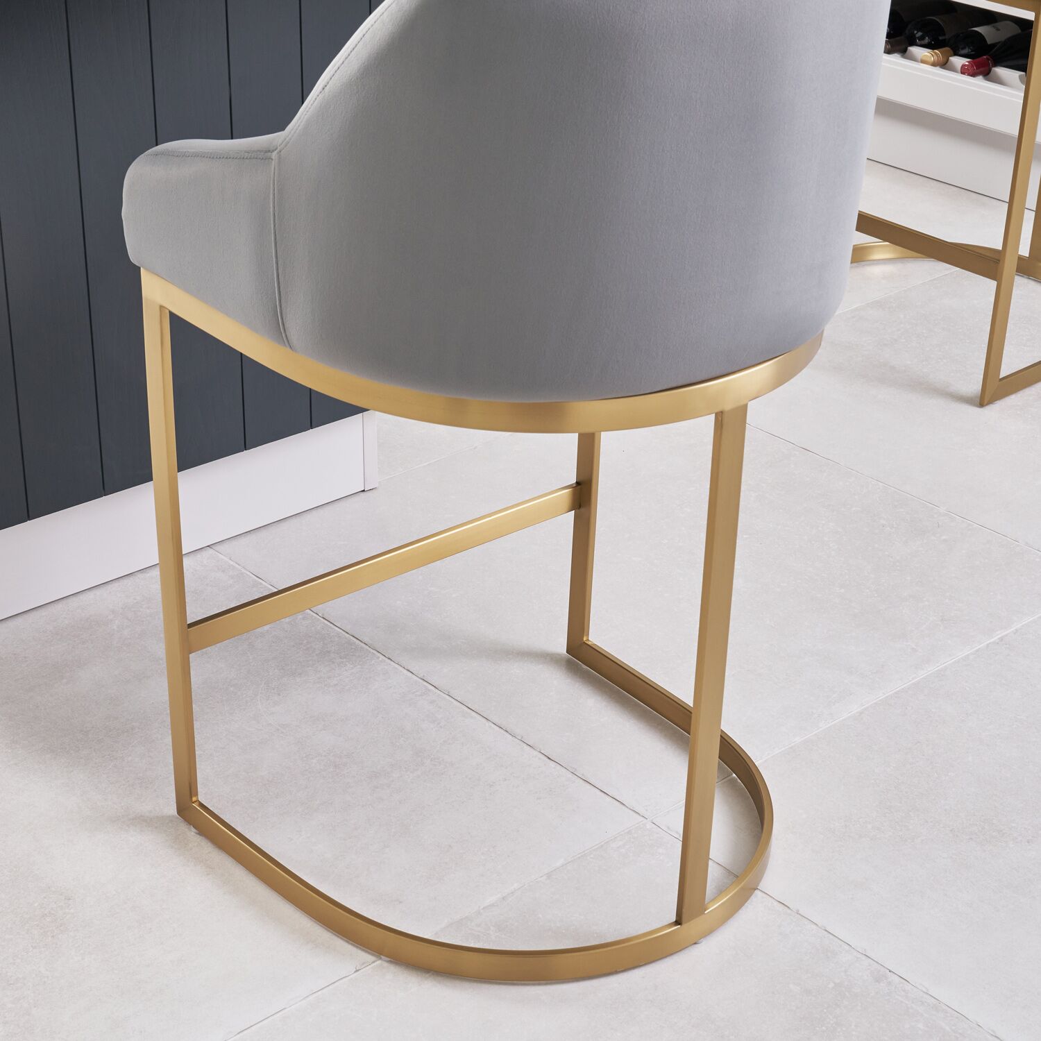 Barcelona Grey Velvet Kitchen Counter Stool with a Gold Stainless Steel Frame - Image 5