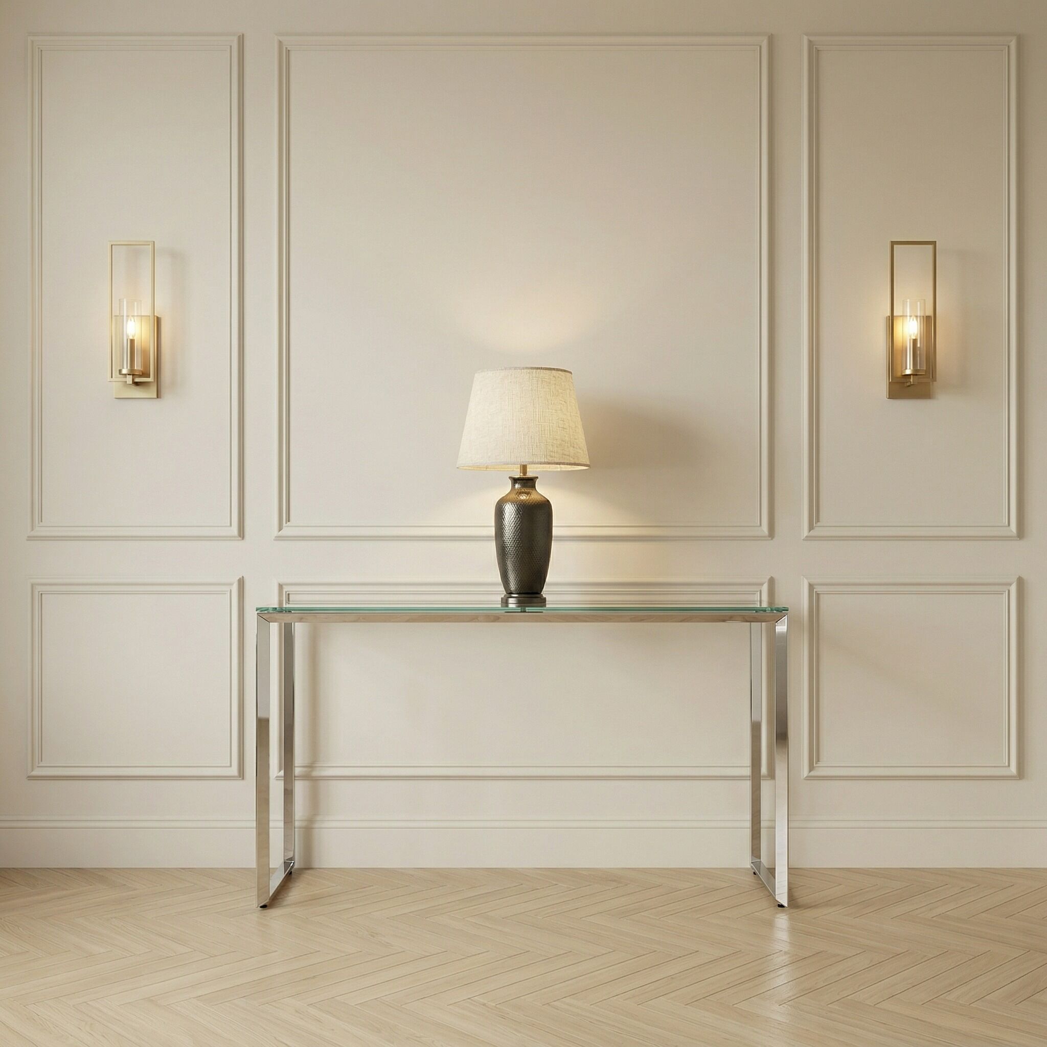 Small Glass Console Table With Polished Stainless Steel - Image 2