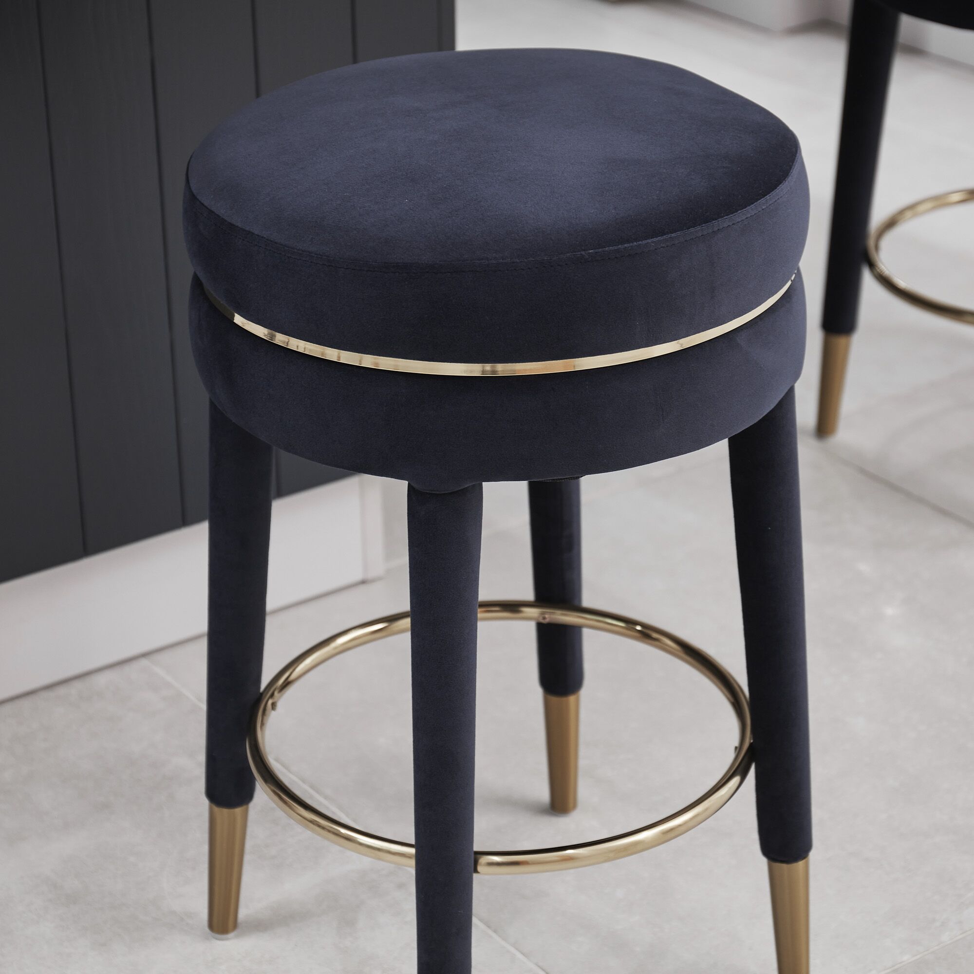 Isabel Dark Blue Velvet Counter Bar Stool with Gold Trim Footrest - Image 5