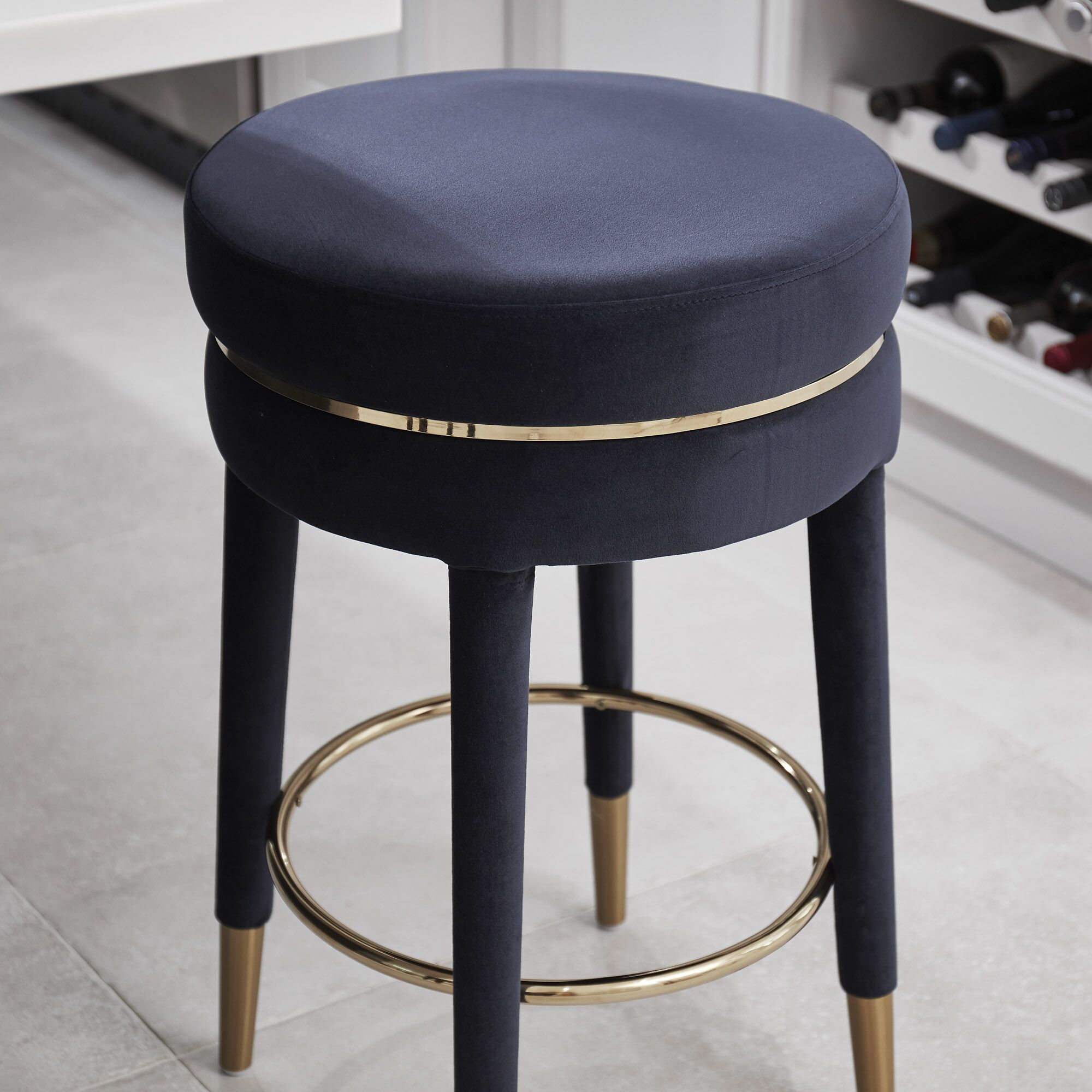 Isabel Dark Blue Velvet Counter Bar Stool with Gold Trim Footrest - Image 4