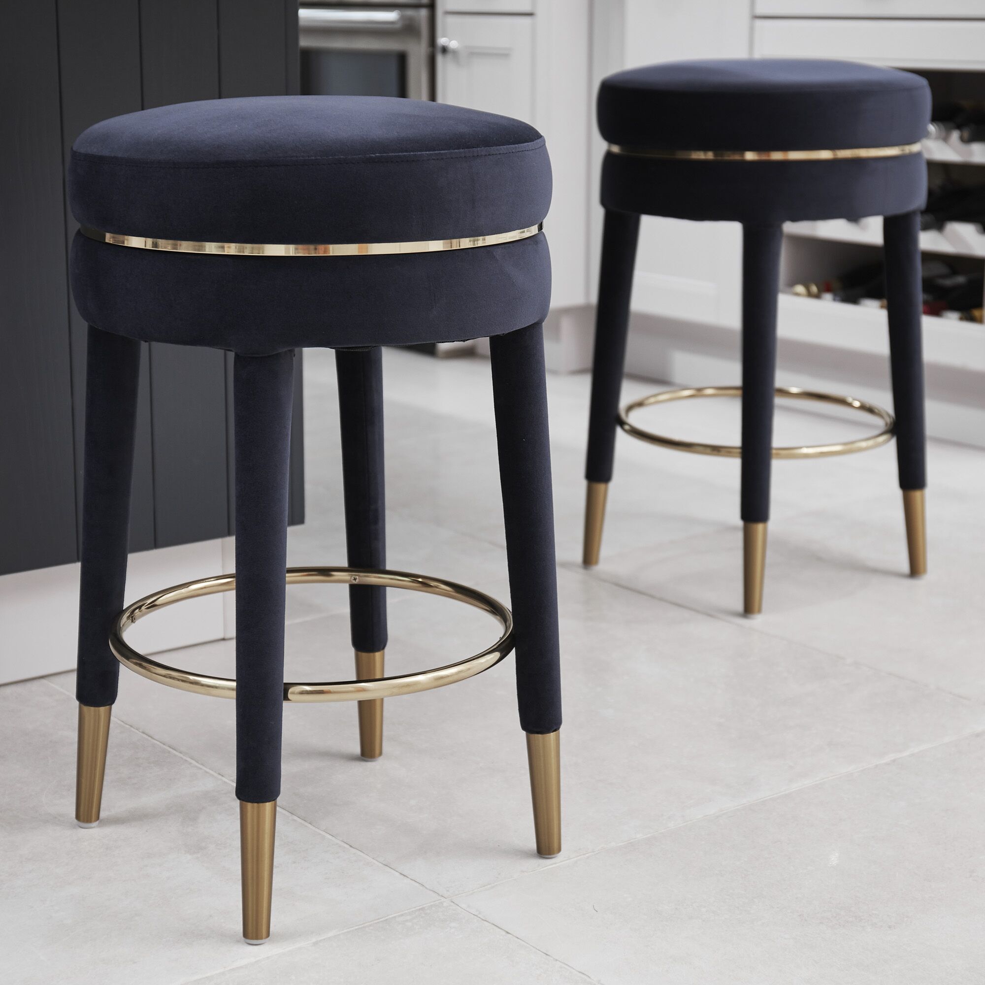 Isabel Dark Blue Velvet Counter Bar Stool with Gold Trim Footrest - Image 3