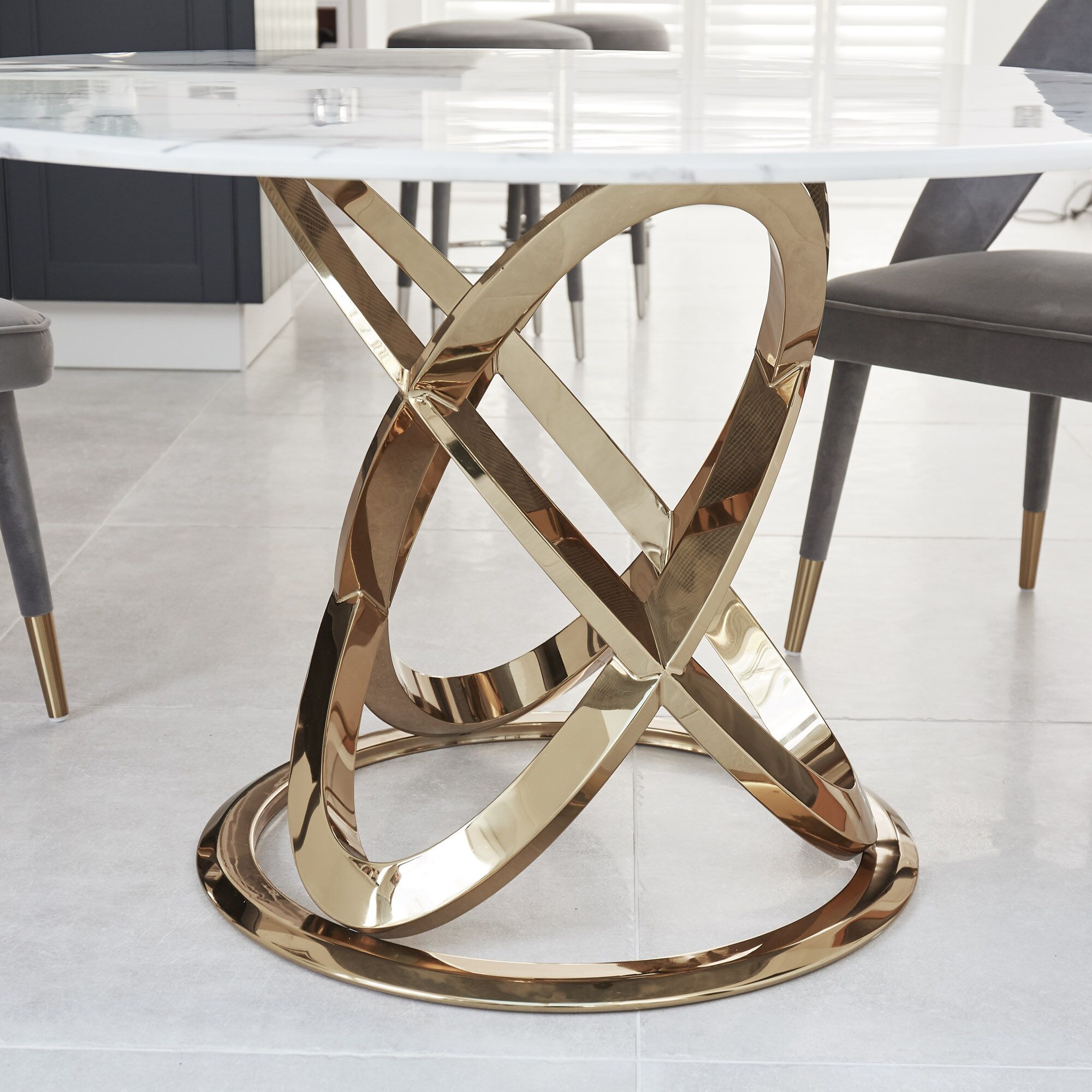 1.3M Pedestal Polished Circular Gold Stainless Steel Dining Table with White Marble Top - Image 4