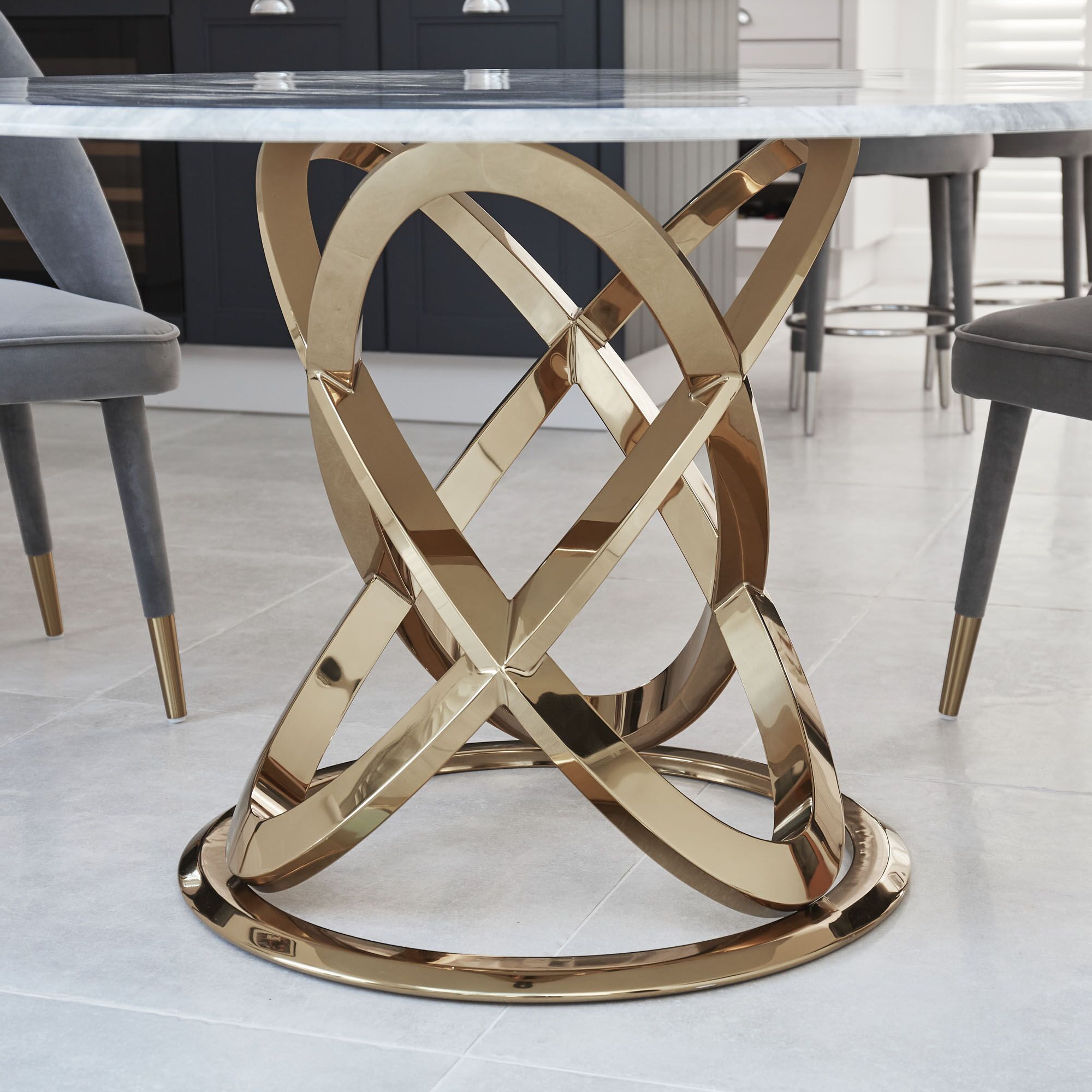 1.3M Pedestal Polished Circular Gold Stainless Steel Dining Table with White Marble Top - Image 3