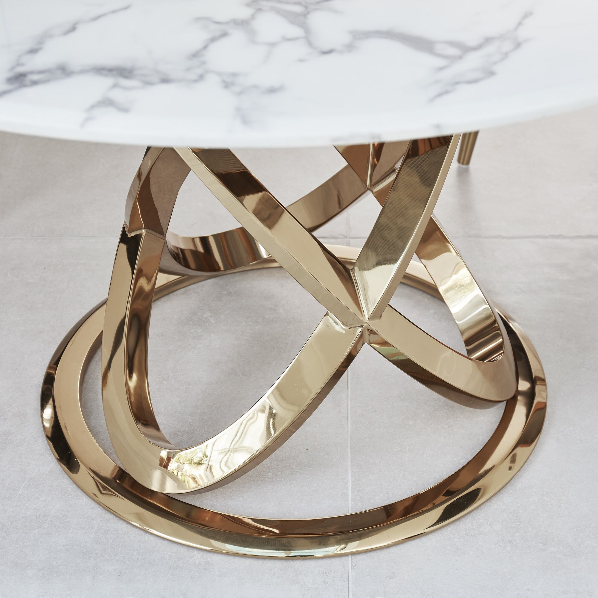 1.3M Pedestal Polished Circular Gold Stainless Steel Dining Table with White Marble Top - Image 5